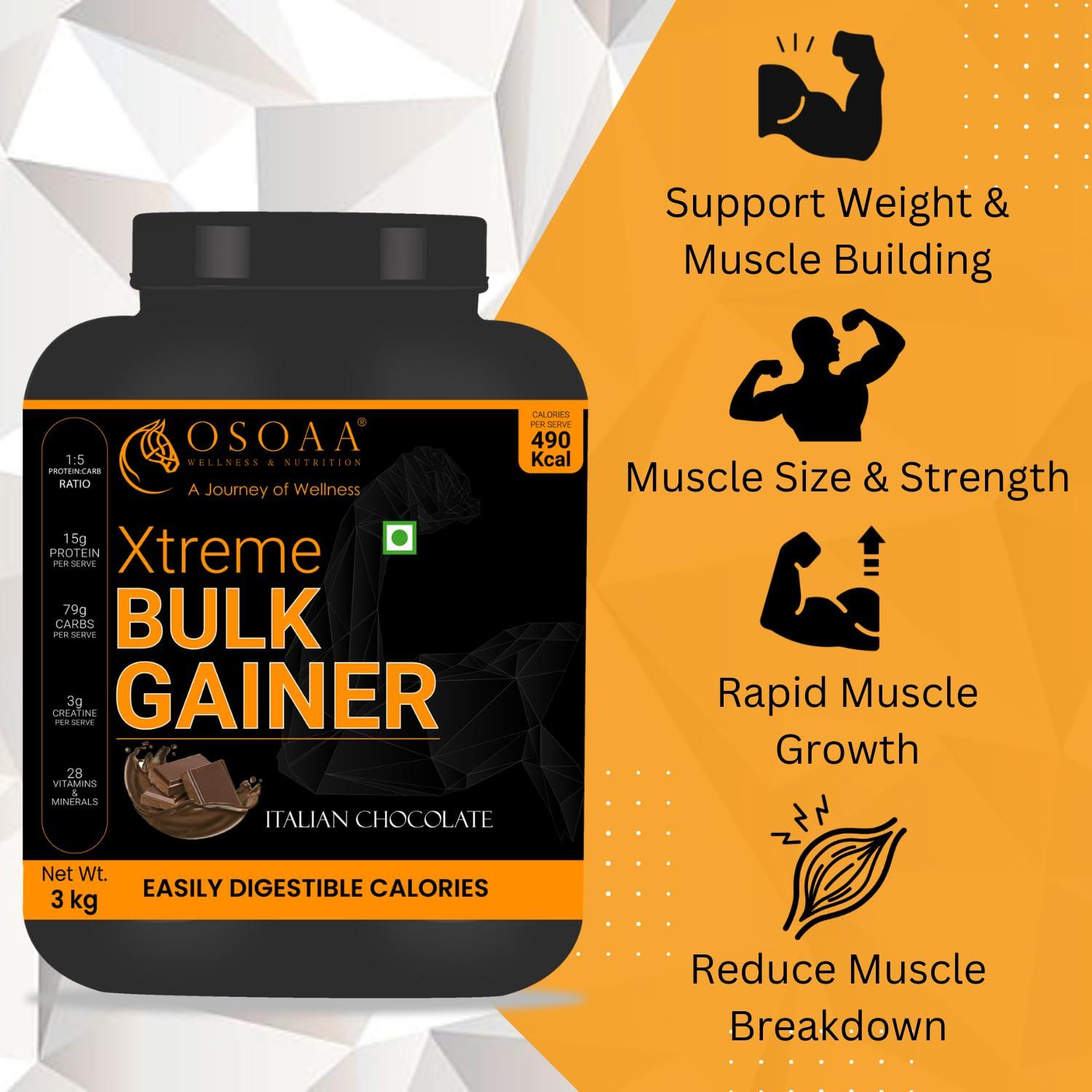 OSOAA OSOAA Bulk Mass Gainer 3Kg | (Italian Chocolate) | 15g Protein |490 Calories | Added 3g Creatine | with Digestive Enzymes | 28 Added Vitamins | For Both Men & Women