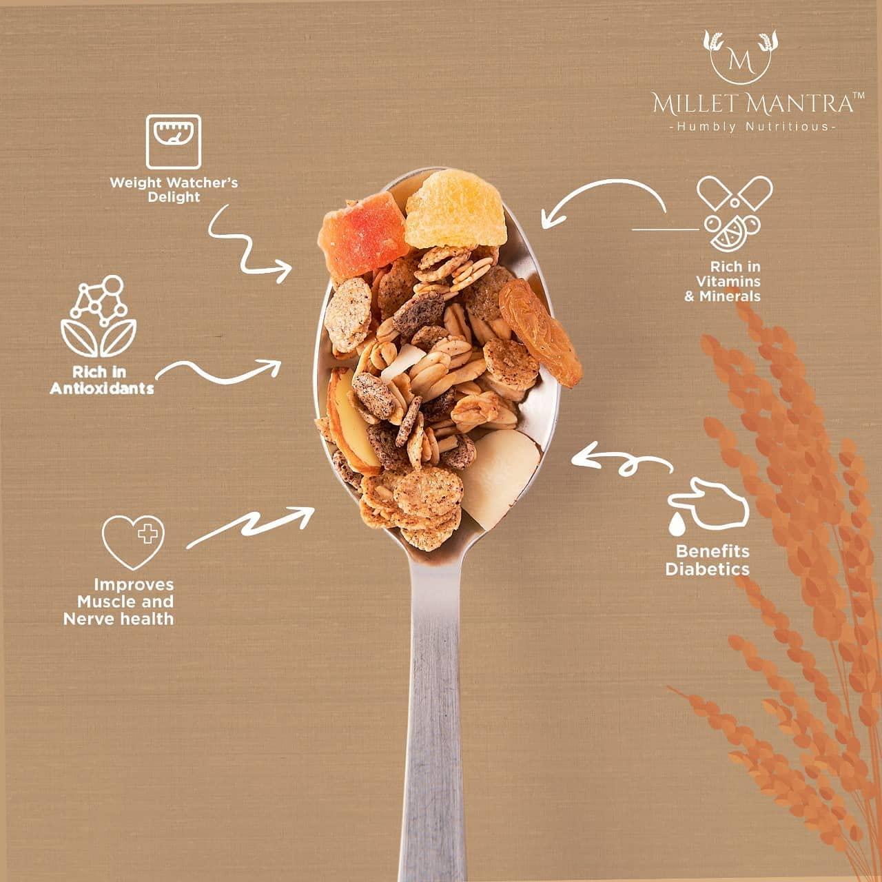 Millet Mantra Millet Mantra Dark Chocolate, Dry Fruits High Protein Muesli Sugar Free Muesli, Muesli Fruit And Nuts | Dark Chocolates, Almonds, Black Raisins Seedless | Muesli Sugar Free , 1