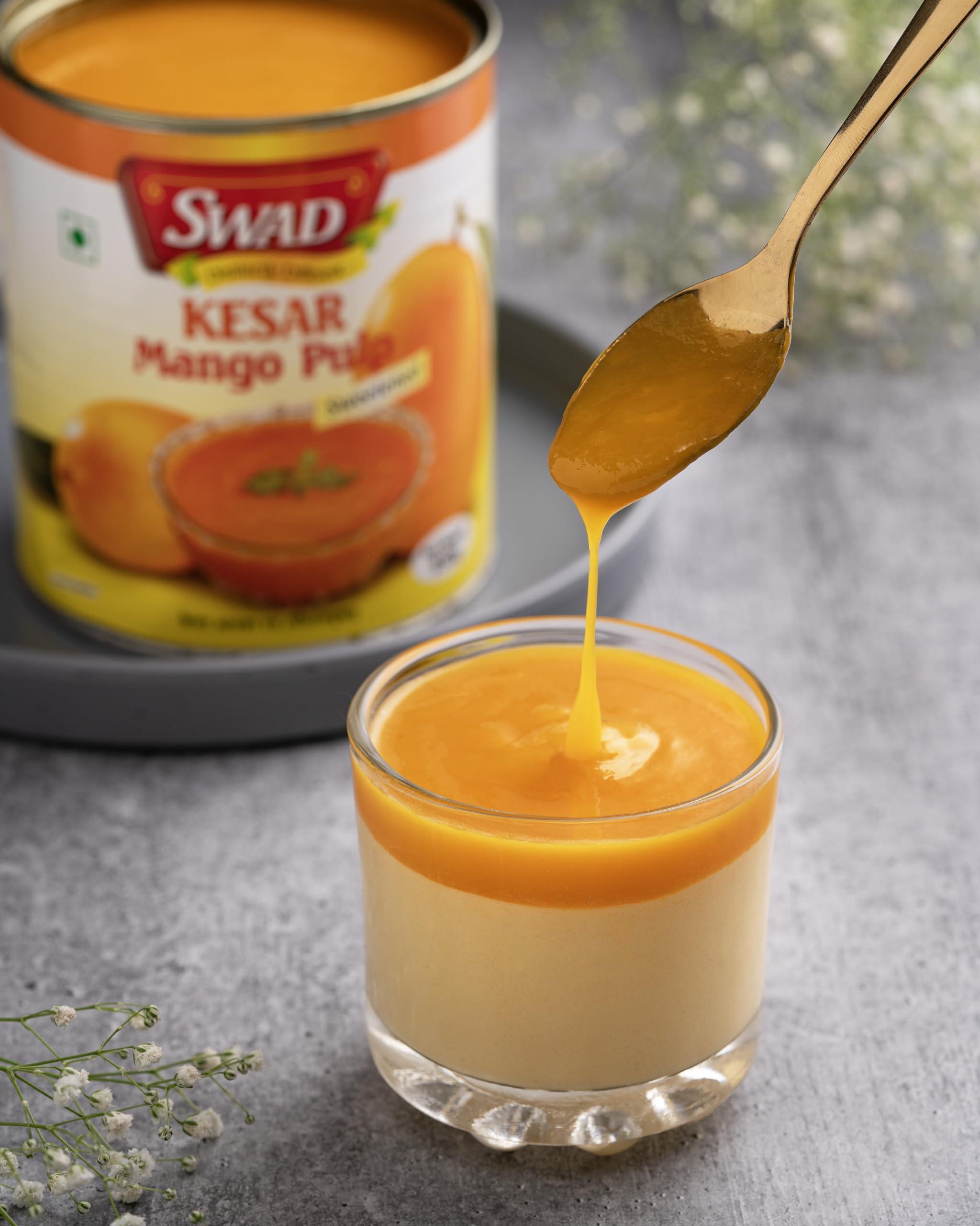SWAD SWAD Kesar Pure Mango Pulp/Aamras Tin with No Added Preservative Sweetened - 850 Grams Pack of 3