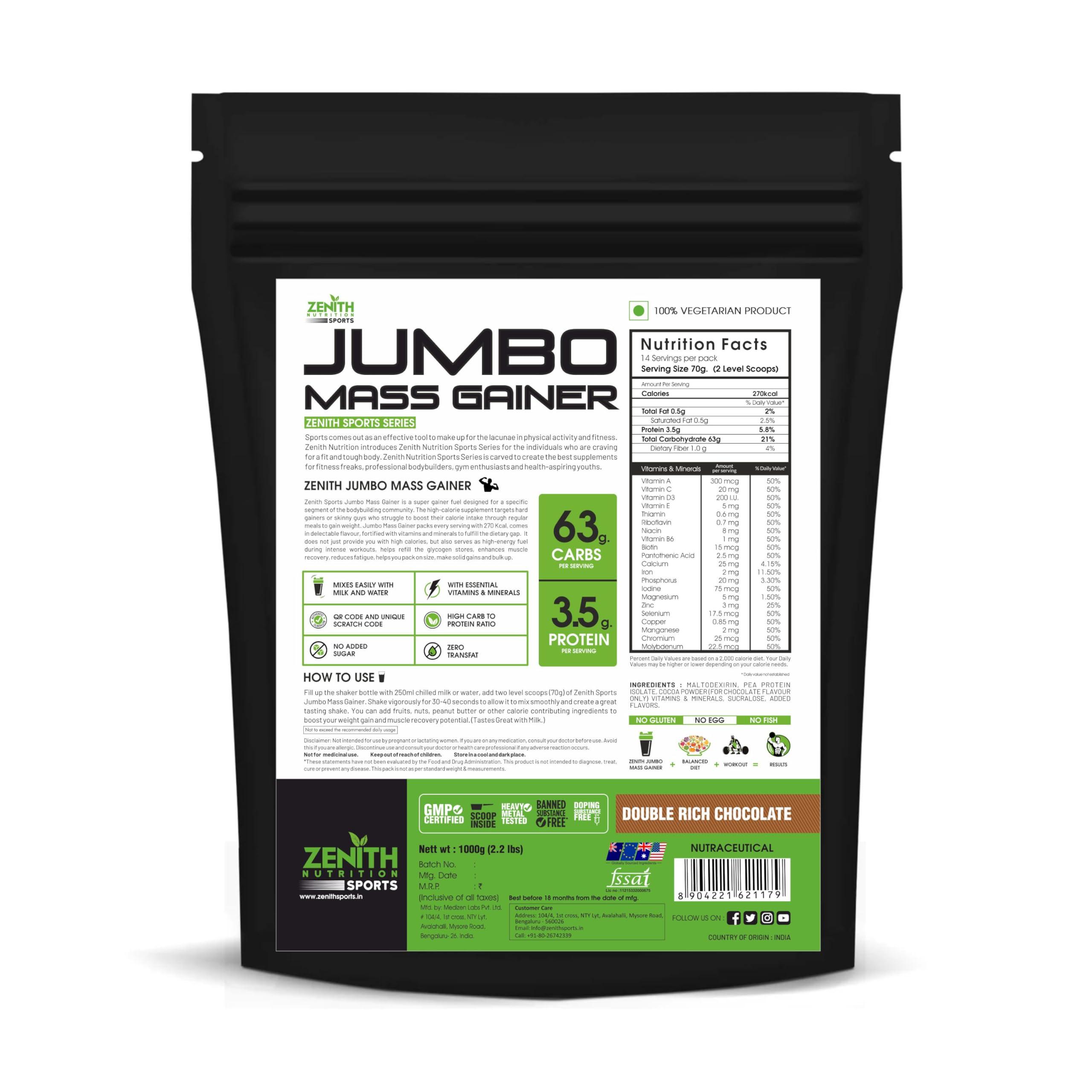 Zenith Nutrition Zenith Sports Jumbo Mass Gainer 1kg | Promotes Muscle Strength | 63g Carbs | 3.5g Protein | Double Rich Chocolate Flavor