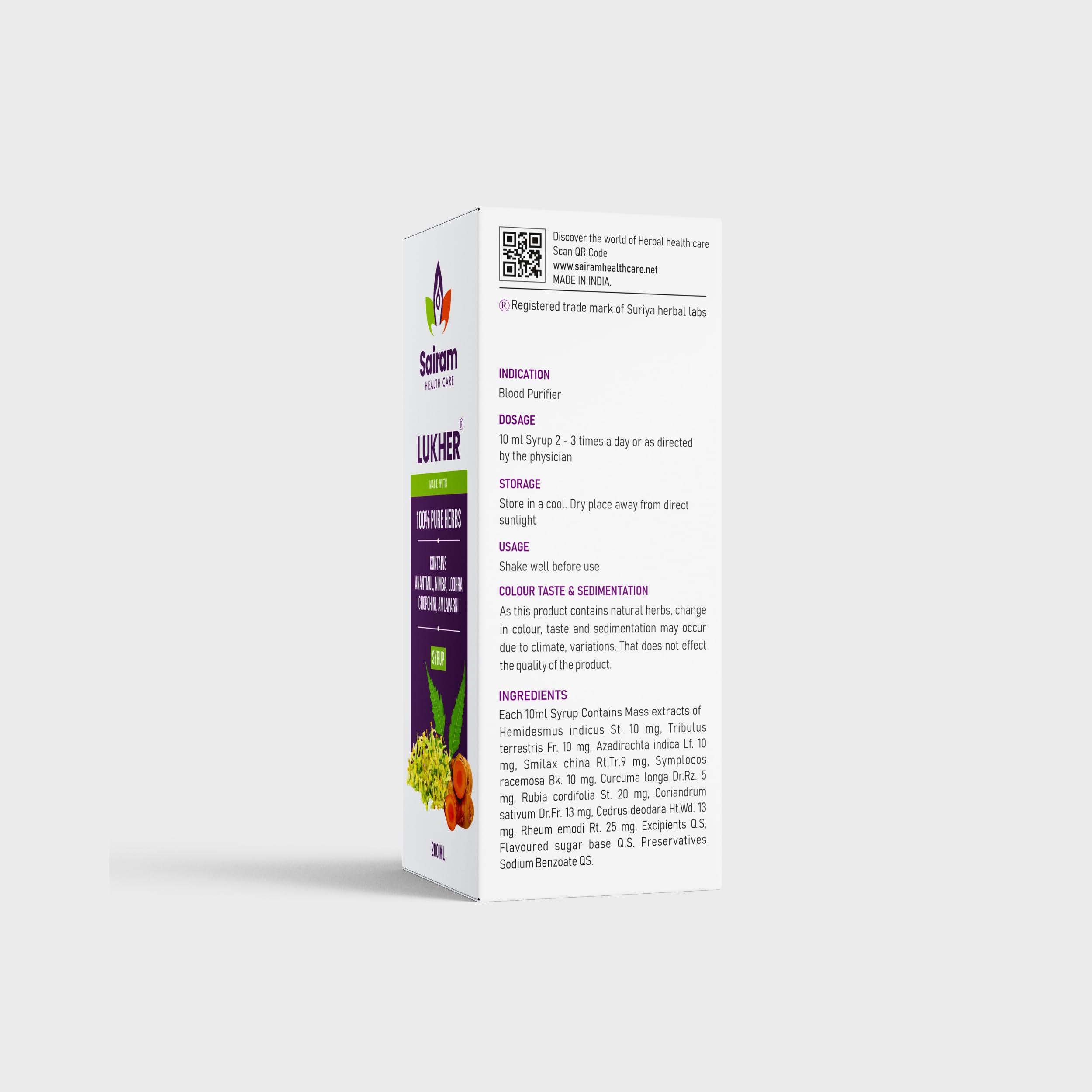 LUKHER Lukher Syrup for Blood Purifier - Ayurvedic Syrup for Acne & Pimples, Skin Blemishes, Boils, and Skin Allergies - Natural Supplements Composed of 100% Pure Herbs (200 ml (Pack of 1))