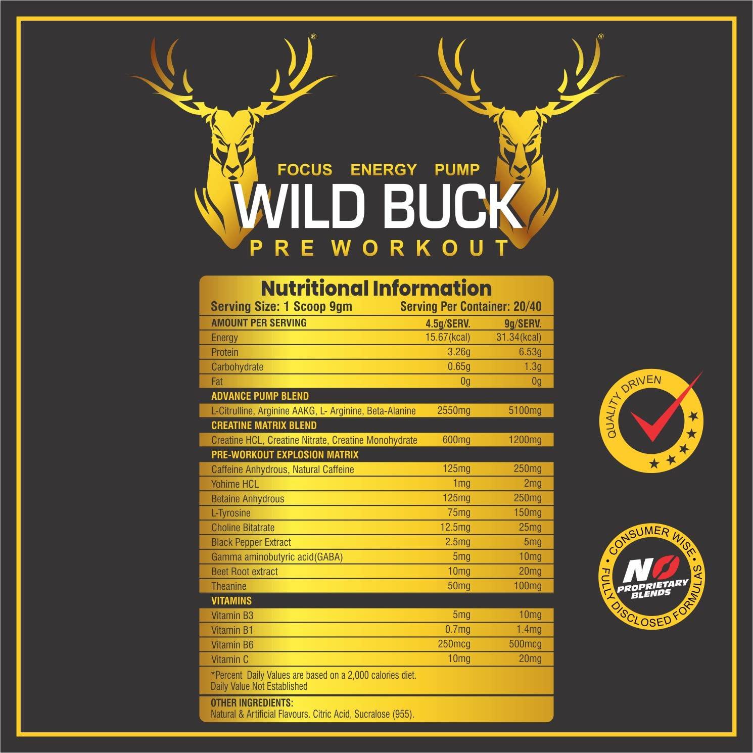 WILD BUCK WILD BUCK Ultra Focus Advanced Pre Workout with L-Arginine, L-Citrulline, Creatine, AAKG, Beta Alanine, Theanine & Natural Caffeine for Explosive Muscle Pump, Lean Muscles Building, Strength, Focus & Energy - For Men & Women [40 Servings, Lychee Deli