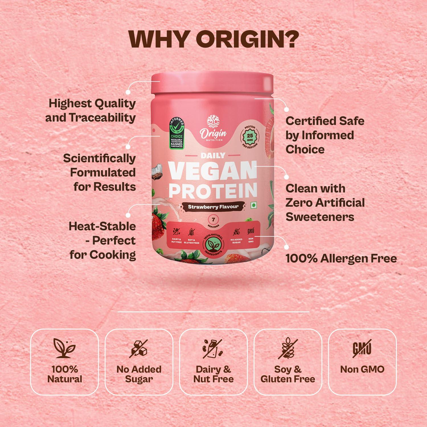 ORIGIN NUTRITION Origin Nutrition 100% Plant Protein Powder, Strawberry Flavour with 25g Plant Based Protein, Gluten Free, Dairy Free, No Added Sugar, Soy Free, Non - GMO, 7 Servings, 286g
