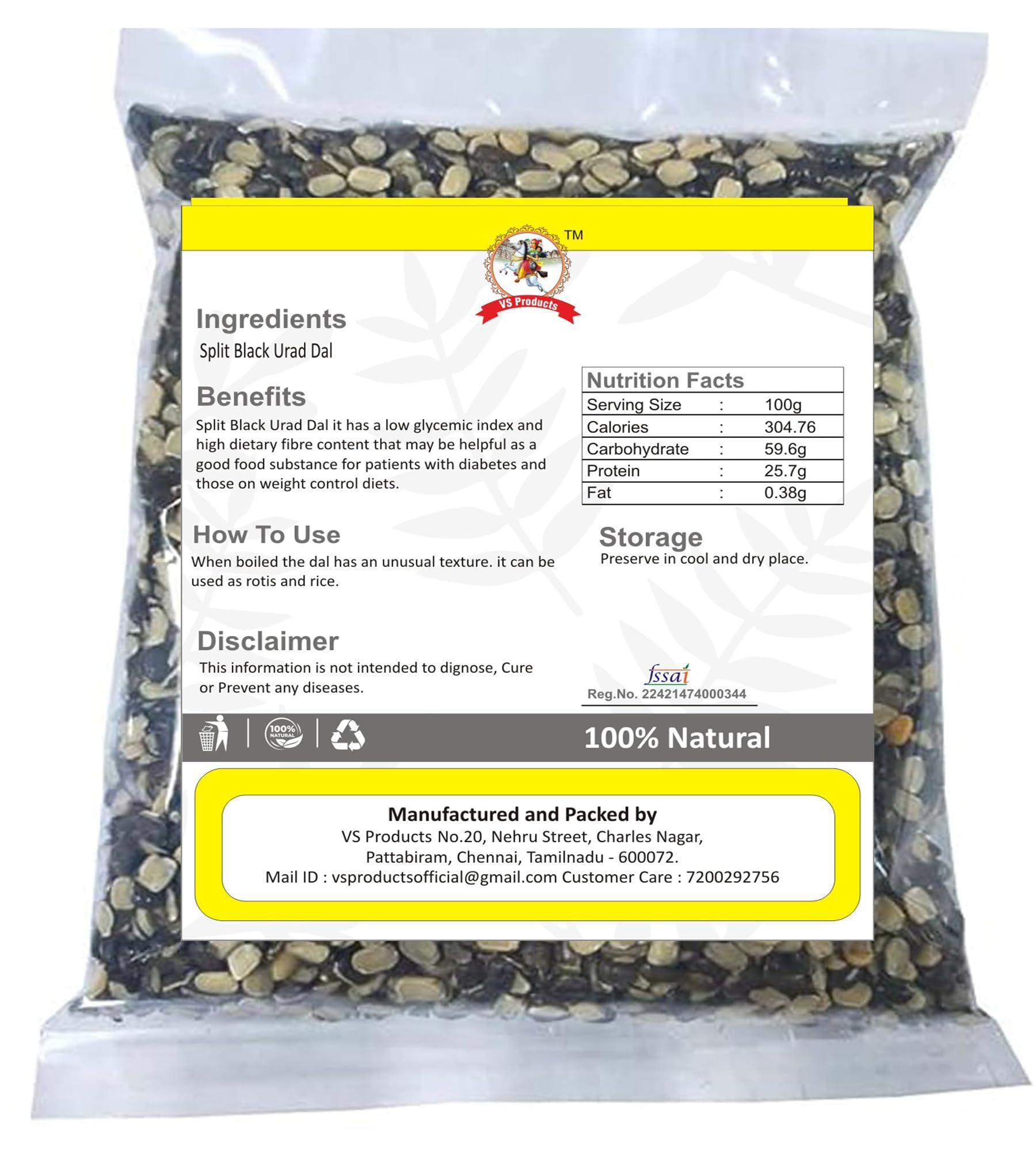 VS Products VS Products Split Black Urad Dal, 9.950g, Chilka Black Urad Dal, Split Black Gram, Urad Chora Dal, Rich in Fibre, High Protein, Low Calories, 9.950g