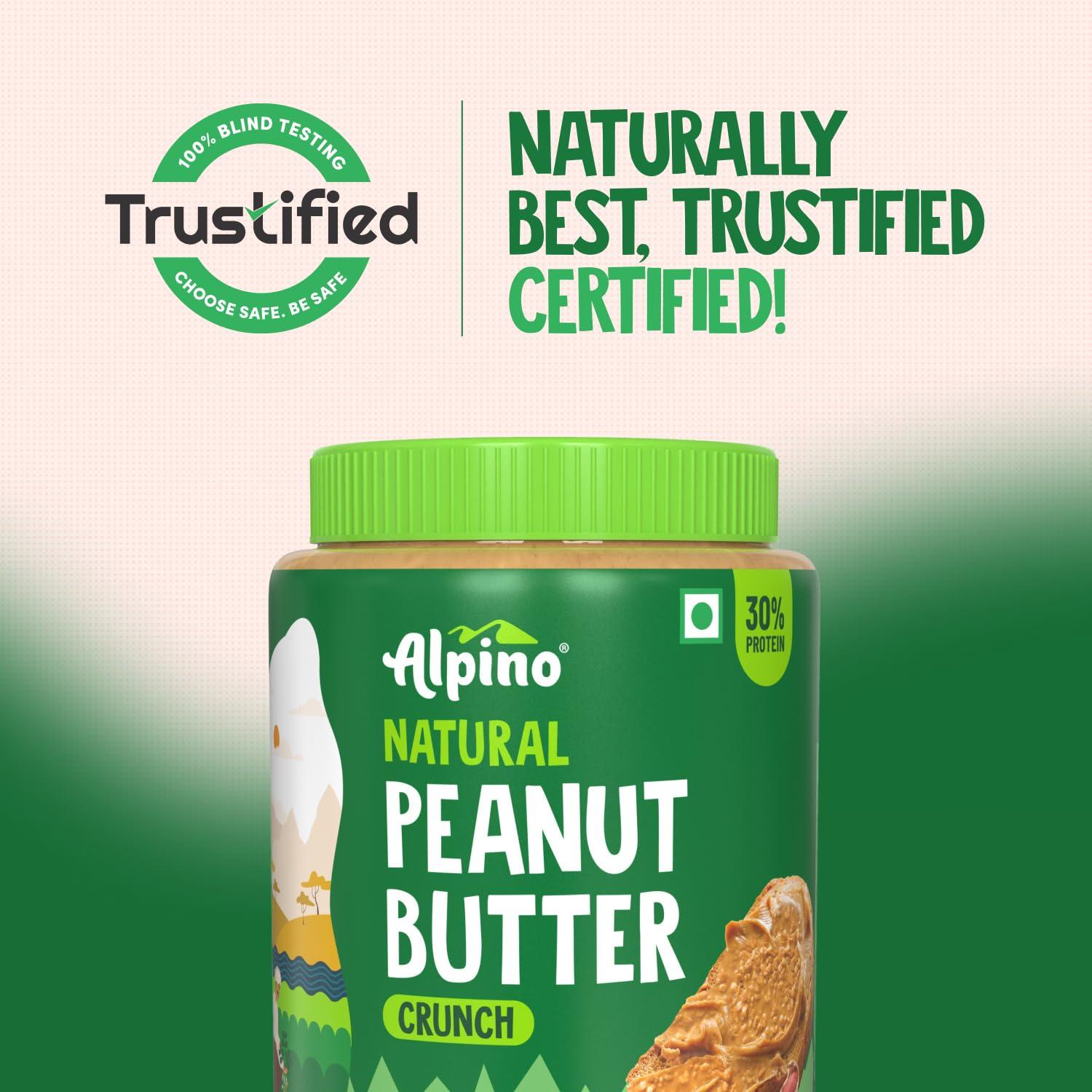 Alpino ALPINO Natural Peanut Butter Crunch 2kg - 100% Roasted Peanuts - 30g Protein, No Added Sugar & Salt, Gluten Free Plant Based, Unsweetened Peanut Butter Crunchy - 1kg, Pack of 2