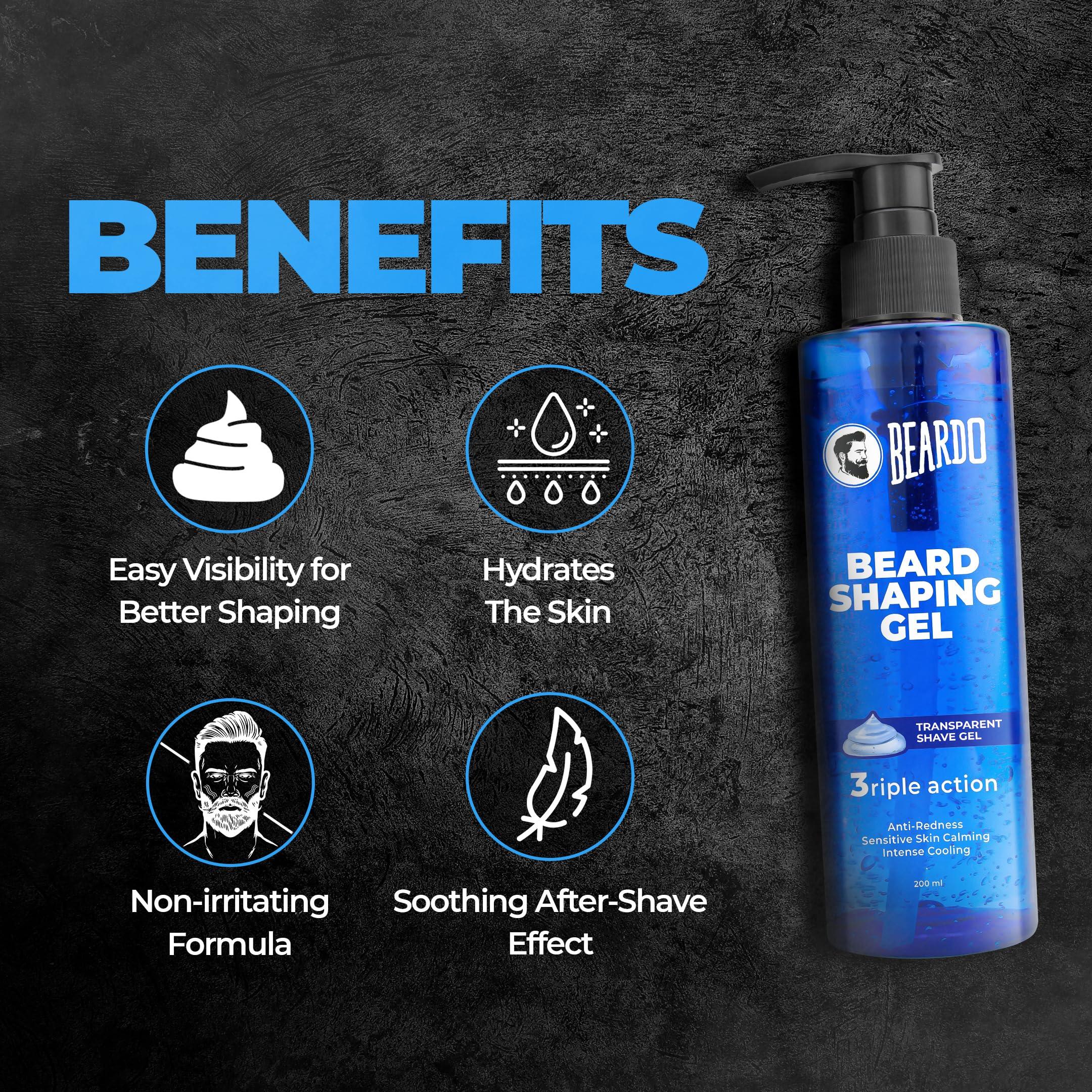 BEARDO Beardo Beard Shaping Gel, 200ml | 3riple Action Transparent Shaving Gel for Men | Shaving gel with Anti-Redness, Calming, Intense Cooling | Suitable for Sensitive Skin