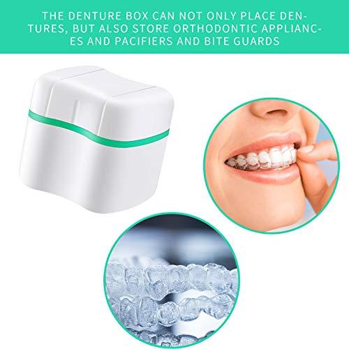 Patelai 2 Denture Bath Cases with 2 Denture Cleaner Brushes Denture Boxes Dentures Container with Basket Denture Holder Brush Retainer Case for Travel Retainer Cleaning (Lake Blue, Light Green, Blue, Green)