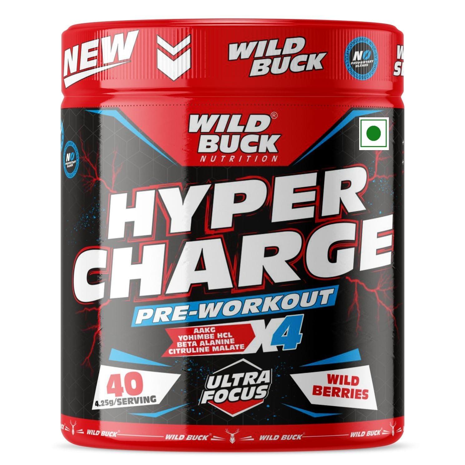 WILD BUCK WILD BUCK Wild Pre-X4 Hardcore Pre-Workout Supplement with Creatine Monohydrate, Arginine AAKG, Beta-Alanine, Explosive Muscle Pump, Caffeinated Punch -For Men & Women [40 Servings, Wild Berries] + Wild Buck Hyper Bulk Gain Mass & Weight Gainer Capsu