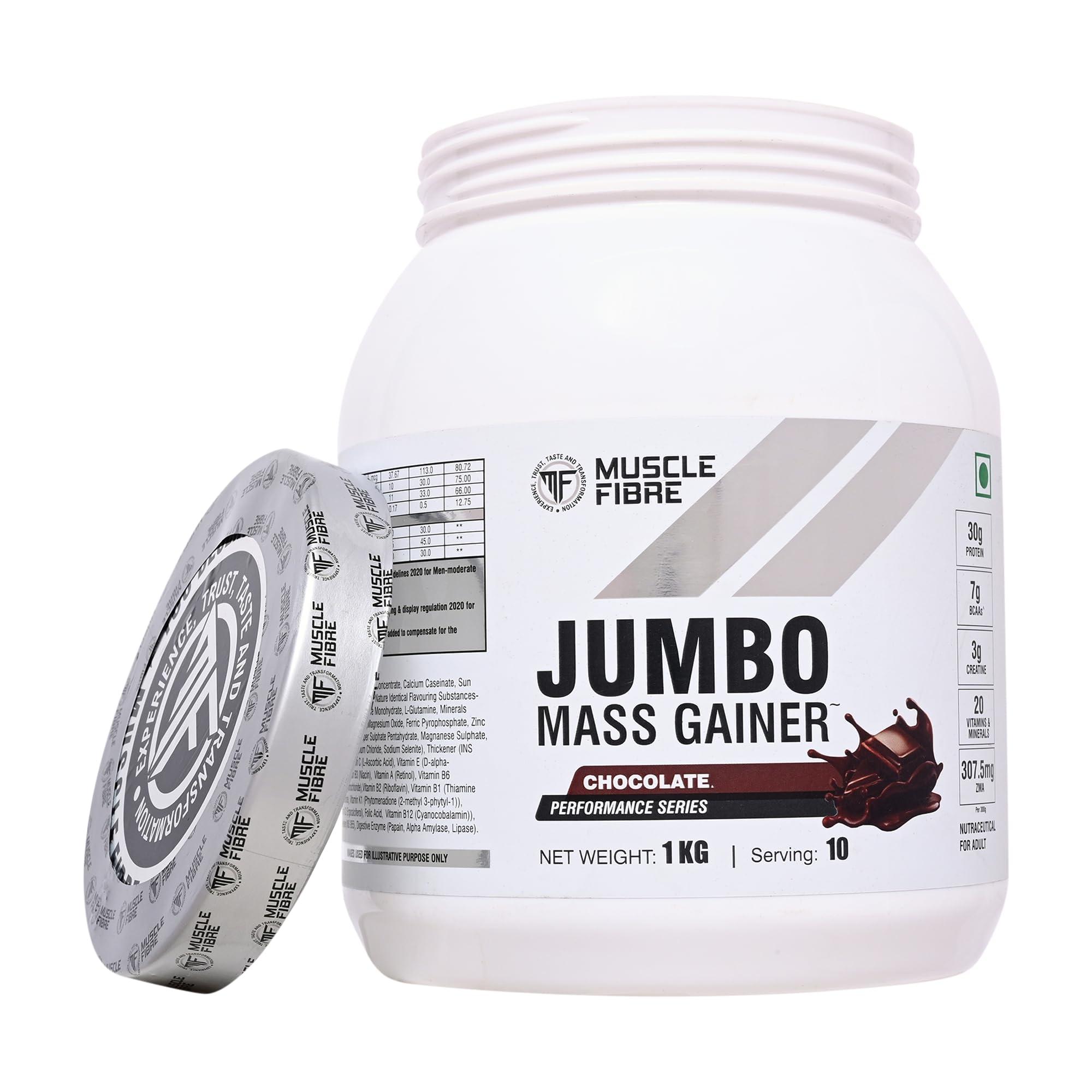 MF MUSCLE FIBRE Muscle Fibre Jumbo Mass Gainer | 1 Kg | Healthy Body Gains | Reduces Muscle Breakdown | Increases Energy & Endurance | 30g Protein | 205g Carbs | 1057 Cal | Kesar Pista