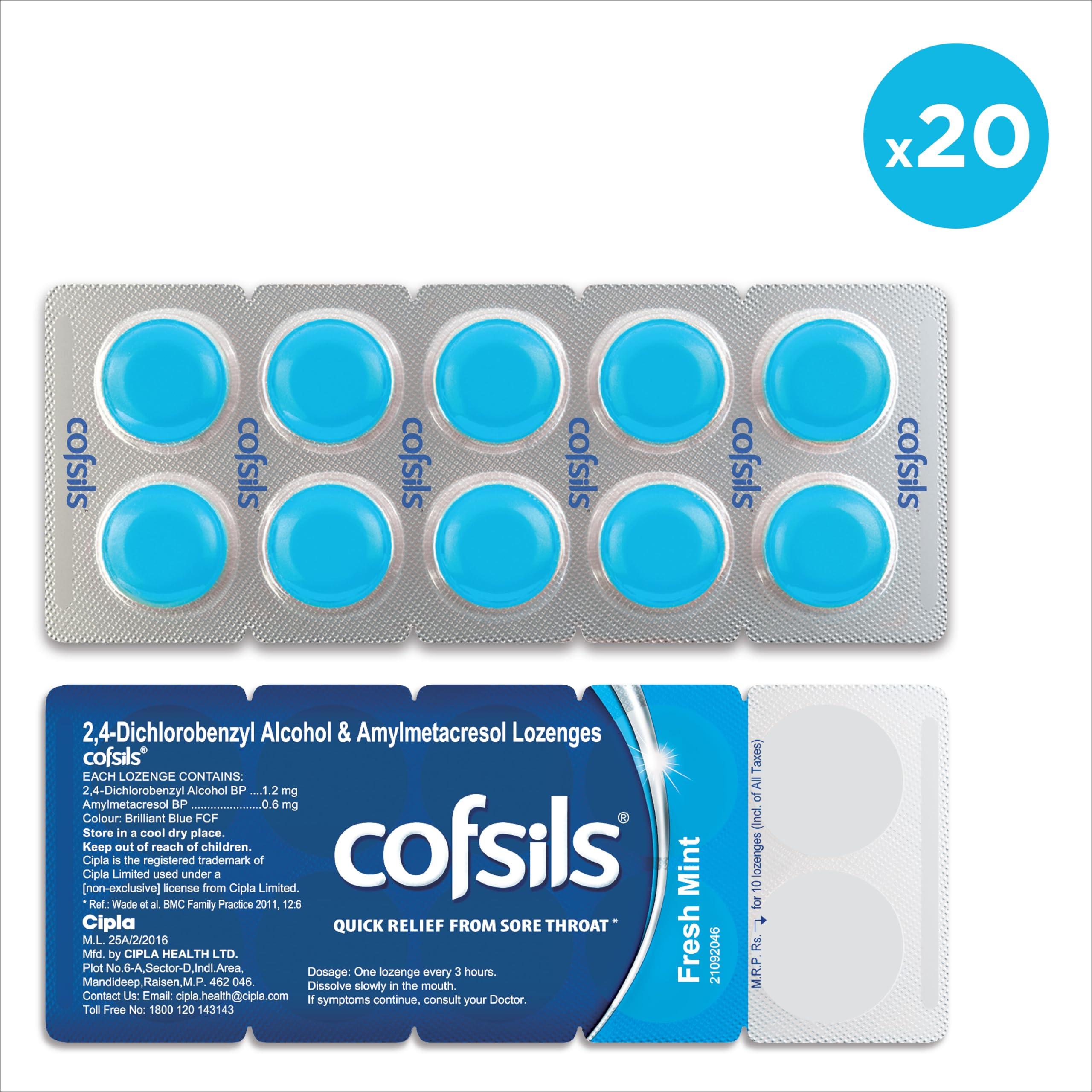Cipla Cipla Cofsils Lozenges (200 Count) | Fresh Mint Flavour | Quick Relief from Sore Throat, Itchy Throat and Scratchy Throat (10 x 20 Strips)