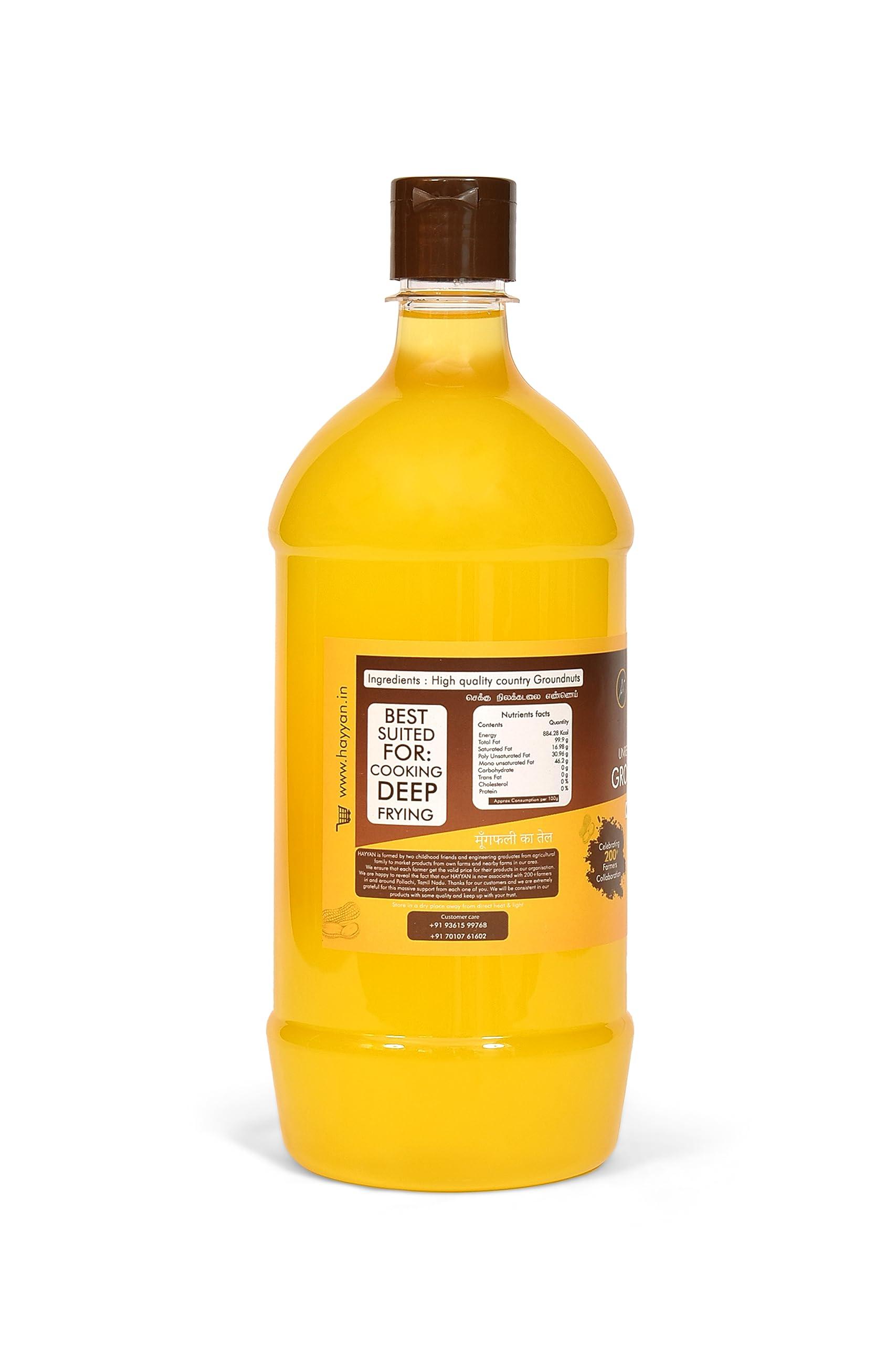 HAYYAN HAYYAN 100% Pure Unrefined Cold/Wood Pressed Virgin Groundnut Peanut Oil 1 Liter - for Cooking (Chekku/Kacchi Ghani)