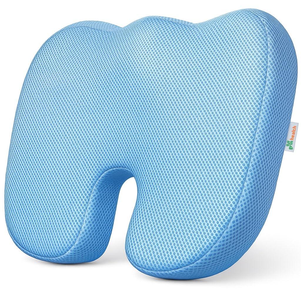 Grin Health Grin Health High Density Coccyx Seat Cushion for Tailbone, Sciatica, Hip Lower Back Pain Relief, Orthopedic Memory Foam Chair Cushions for Long Sitting for Office/Home Chair (Light Blue)