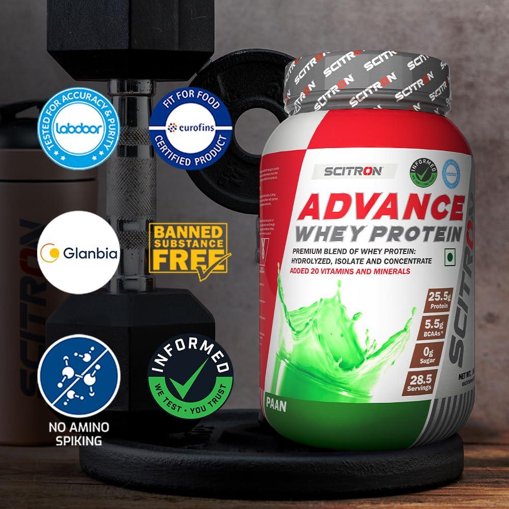 SCITRON Scitron Advance Whey Protein 1Kg Paan (28.5 Servings, 25.5g Protein, 5.5g BCAAs, 0g Sugar, 20 Vitamins & Minerals) Certified by Labdoor, USA | Sourced from Glanbia Nutrition | Certified by Informed Choice