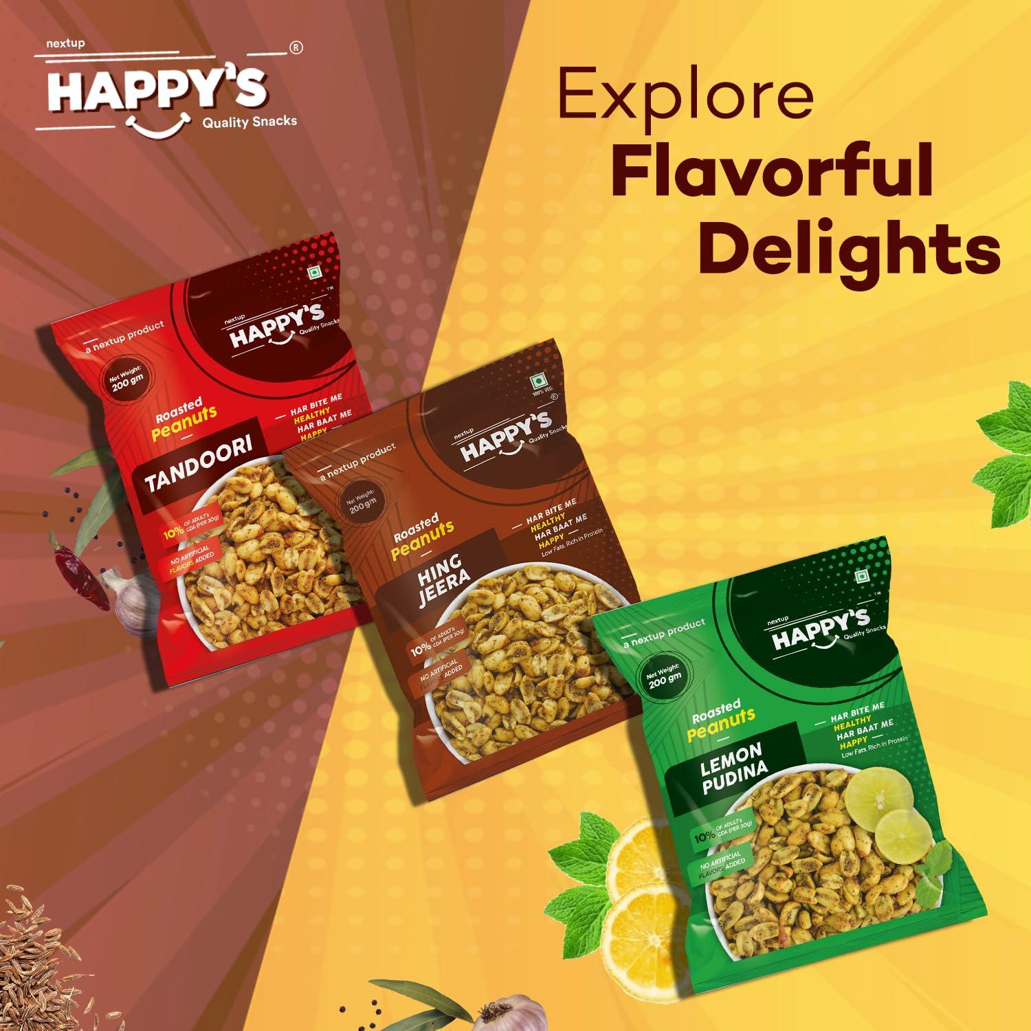 NEXT UP HAPPYS Happy\'s Roasted Peanuts, 200 gm| Pack of 2| Hing Jeera Peanuts| Low Fat| Rich in Protein| Roasted, not Fried| No Artificial Flavors| Healthy Snack for Anytime Snacking|