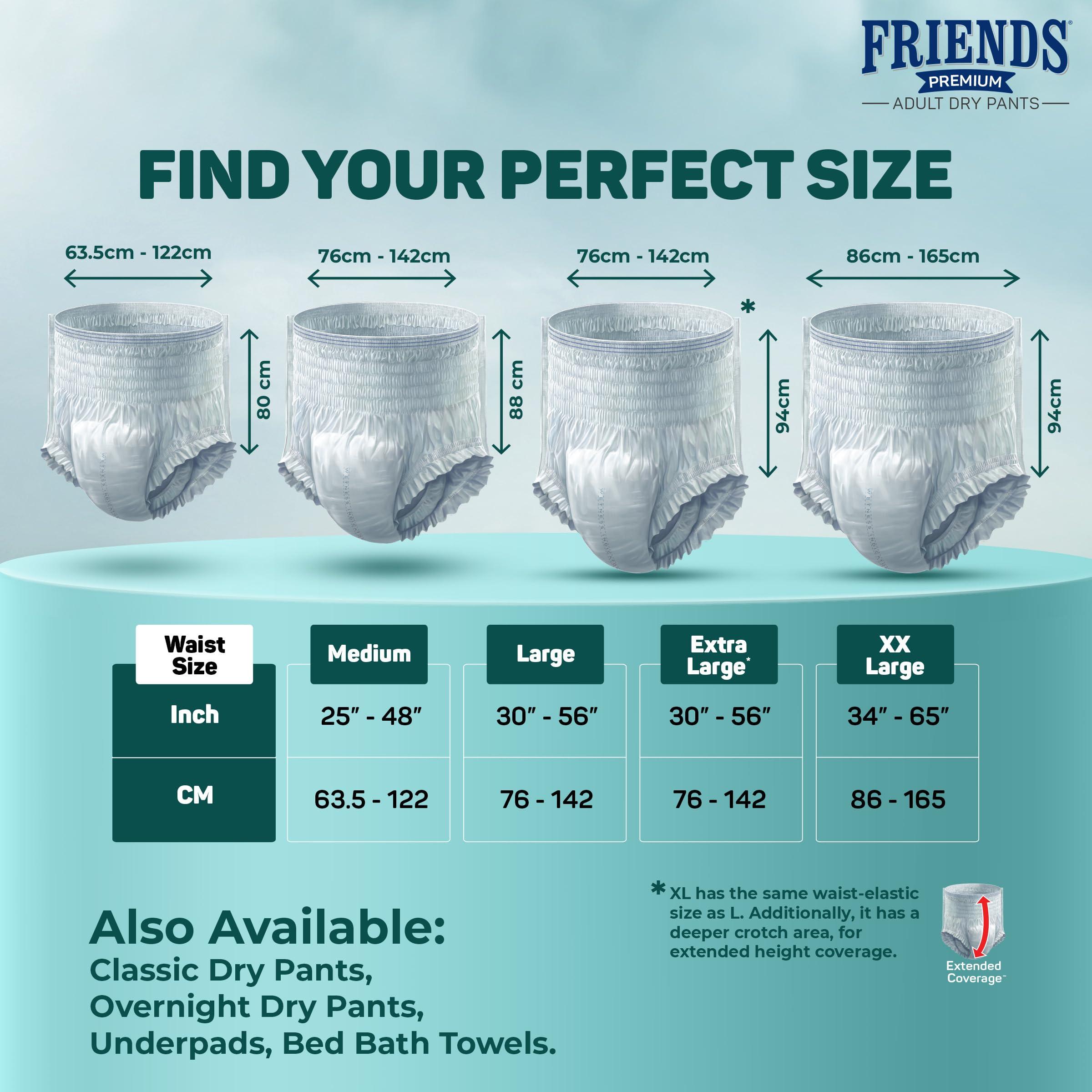 Friends Friends Premium Adult Diapers Pants Style - 60 Count (Medium) with odour lock, Unisex, Leakproof, Elastic Waist and Anti-Bacterial Absorbent Core - Waist Size 25-48 inch; 63.5-122 cm