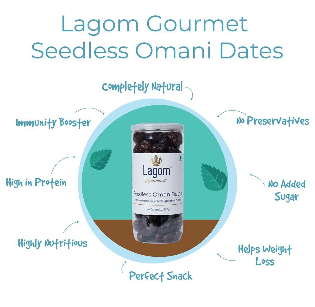 Lagom Lagom Gourmet Seedless Omani Dates 1 kg | All Natural | No Preservatives | No Added Sugar | Gluten Free | Vegan | Plant Based | Non GMO | Dates Dry Fruits | Khajur | Khajoor | Khejur