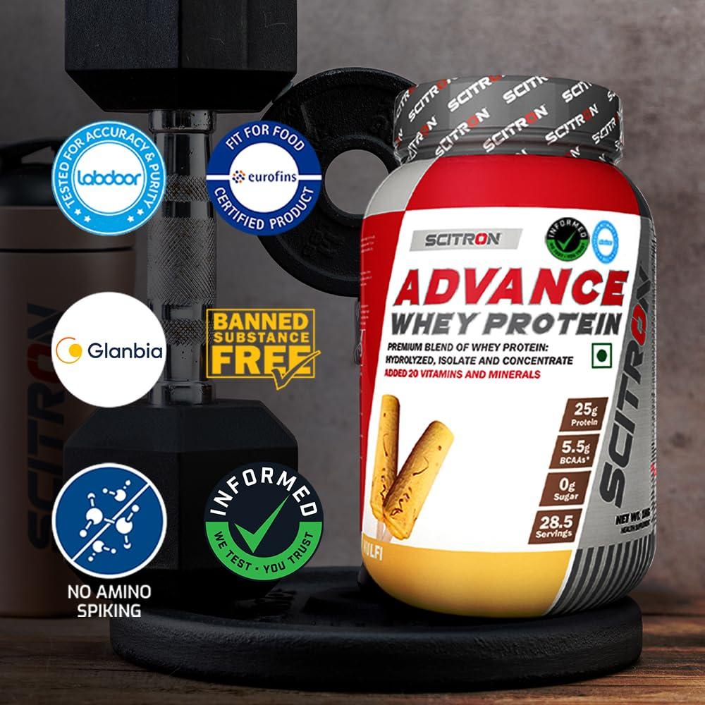 SCITRON Scitron Advance Whey Protein 1Kg Kulfi (28.5 Servings, 25.5g Protein, 5g BCAAs, 0g Sugar, 20 Vitamins & Minerals) Certified by Labdoor,USA | Sourced from Glanbia Nutrition | Certified by Informed Choice