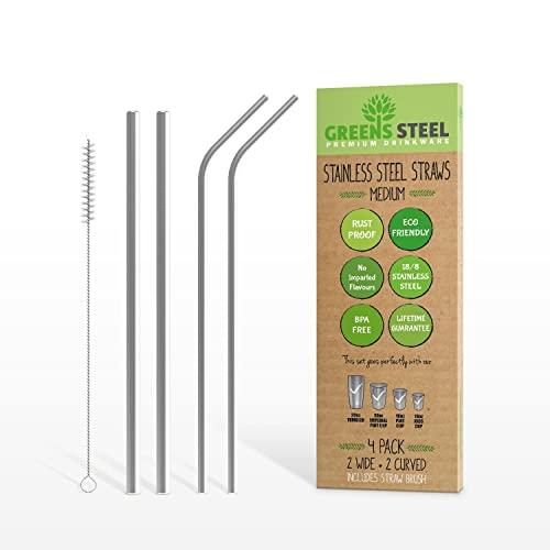Greens Steel Stainless Steel Straw Set - Reusable Pack of 2 Curved & 2 Wider/ Straight Straws - For Smoothies, Coffee & Drinks - Cleaning Brush Included - Eco-Friendly Solution by Greens Steel (4, Medium)