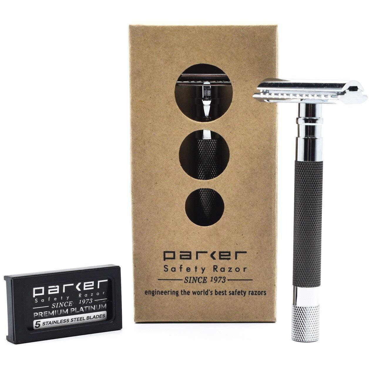 PARKER Safety Razor Parker Safety Razor 56R Heavyweight Double Edge Safety Razor with 5 Parker Premium Platinum Stainless Steel Razor Blades Classic 3 Piece Design (Graphite)