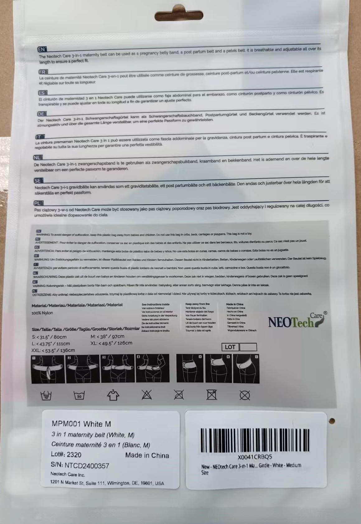 NEOtech Care Neotech Care 3-in-1 Maternity Pregnancy Support, Postpartum Belly Wrap & Pelvis Belt/Brace/Band - Breathable Girdle - White - Medium Size