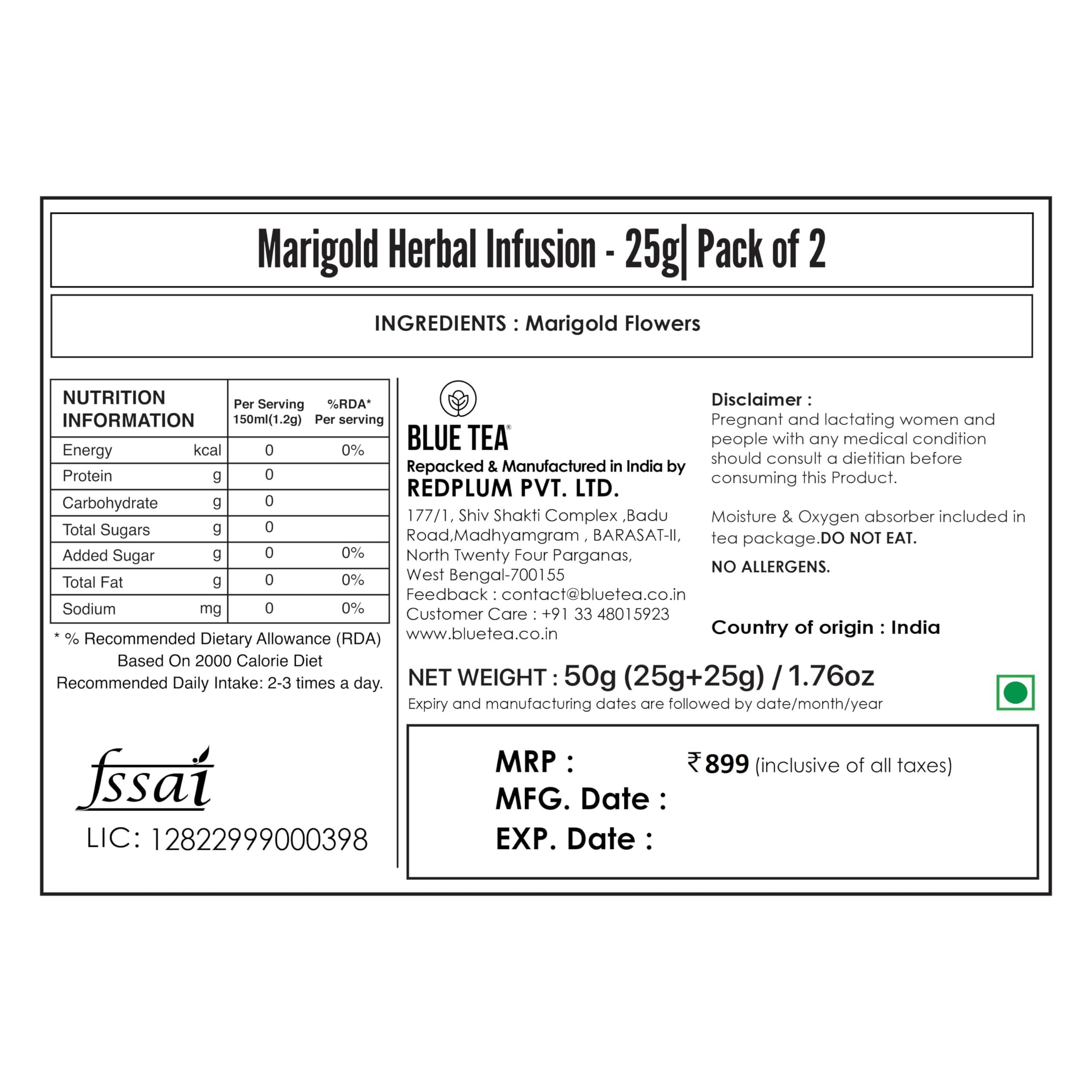 BLUE TEA BLUE TEA - Marigold Tea - 50 Gram (Pack of 2) | Pure Marigold Flower Petals || FLOWER TEA || Ketogenic Diets, No Caffeine or Harsh Additives | Eco-Conscious Pet Jar Pack |