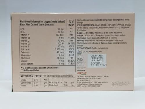 Asprius Multivitamin Tablets, Multi-minerals and Ginseng Extract, Enhances Energy, Stamina & Immunity Booster with Omega-3 Fatty Acids -30veg Tablets