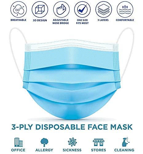 Generic 50 Pieces Blue Melt Blown - SMMS Fabric 3 Ply Disposable Face Mask with Nose Pin and Reusable Elastic Ear loop Unisex Suitable for Home, School, Office and Outdoors (BLUE)