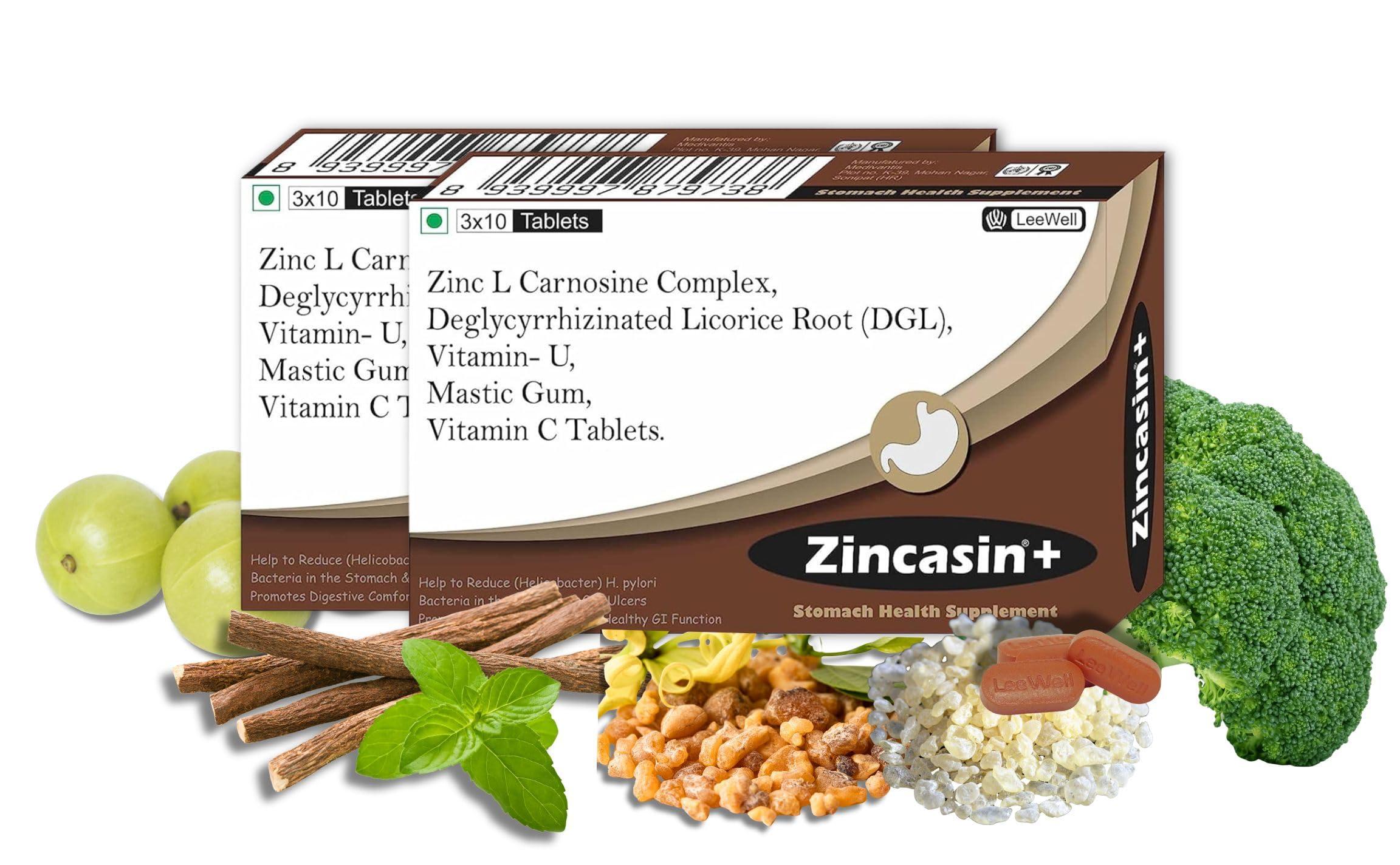 Zincasin zincasin +plus Zinc L carnosine, Vitamin U, DGL Deglycyrrhizinated Licorice Root, Mastic gum Supplements | Gastric Reflux, IBS, H pylori, Bloating, Gut health Support - 60 tablets