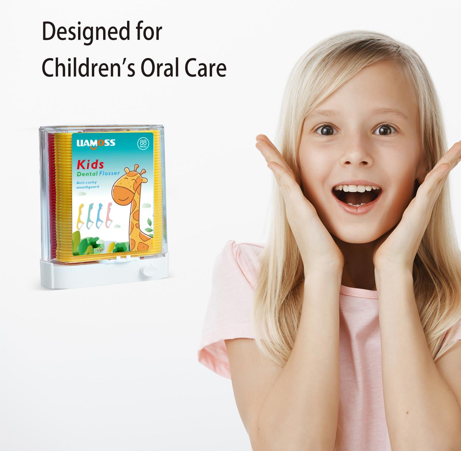 LIAMOSS Kids Flossers Dispenser,LIAMOSS Dental Floss Picks Pink+Yellow,Colorful Animal Shape Make Flossing Fun,Prevent Tooth Decay,1 Box 88 Count Clean&Hygiene,Ages 3+