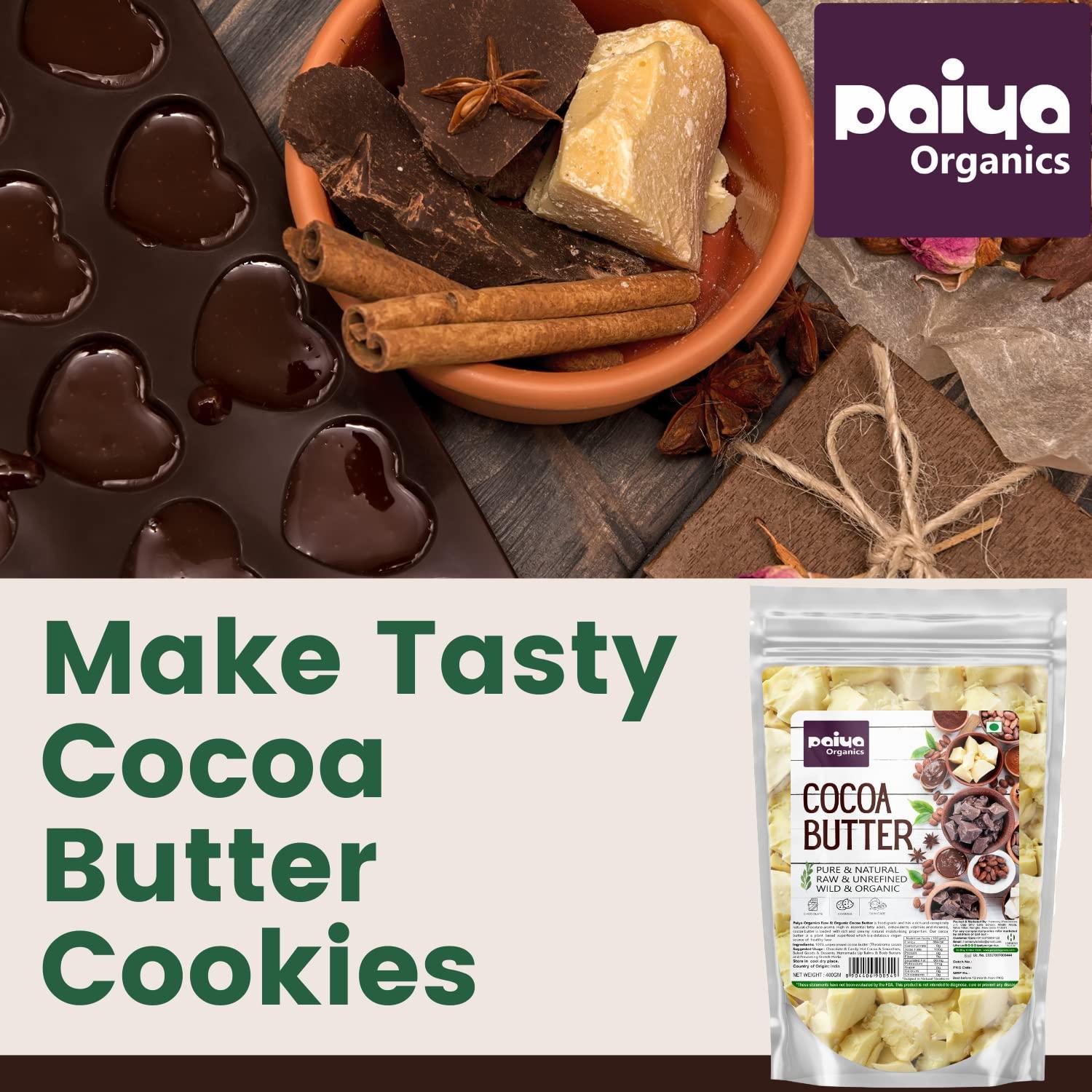 paiya organics Paiya Organic Cocoa Butter for Chocolate Making Food Grade Raw & Organic Great For Face, Skin, Body, Lips, Stretch Mark 400gm