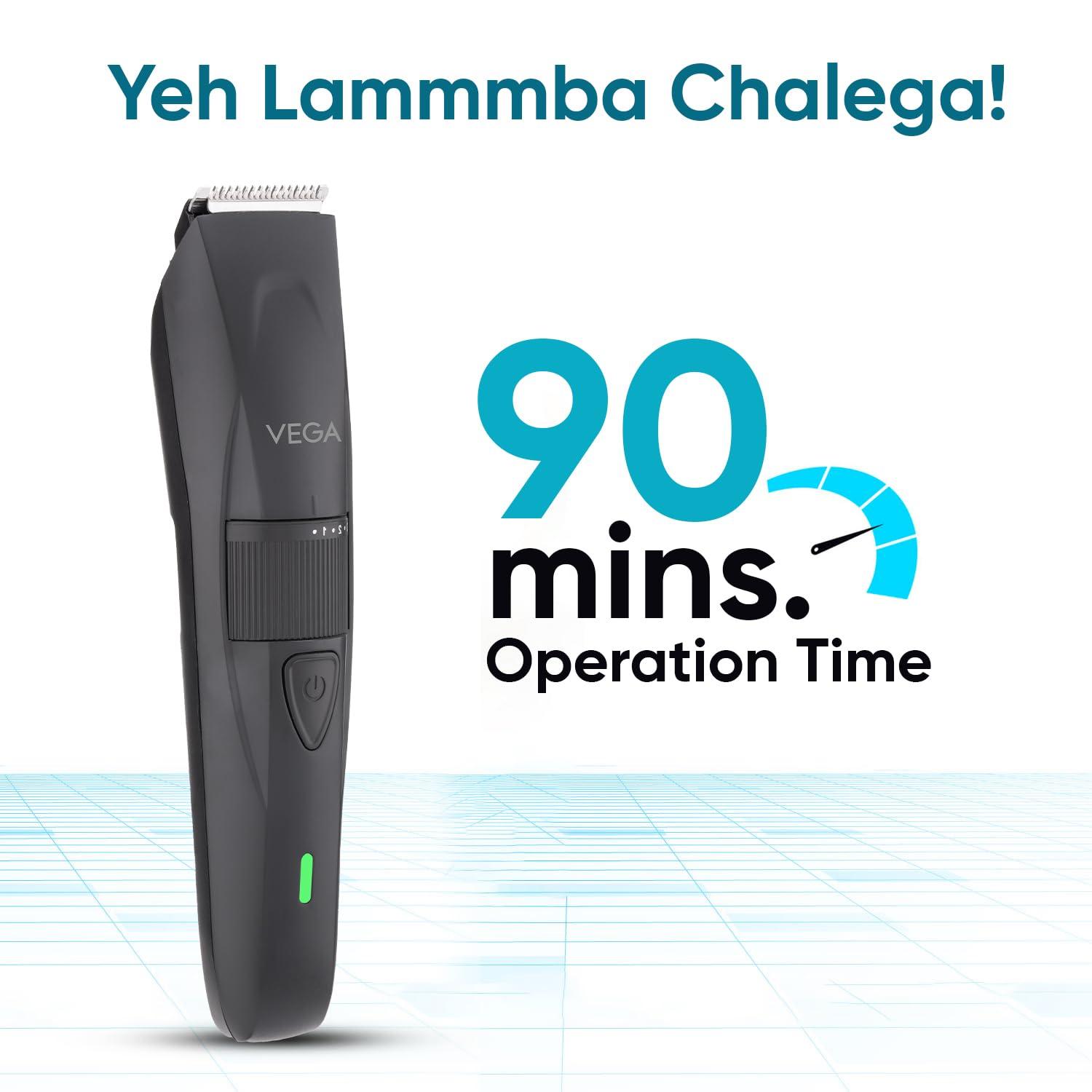 VEGA Vega Trimmer for Men with 90 Mins Runtime, Stainless Steel Blades & 40 Length Settings, 2 Comb Attachment, Cord and Cordless Use, Black, (Power Lite, VHTH-38)