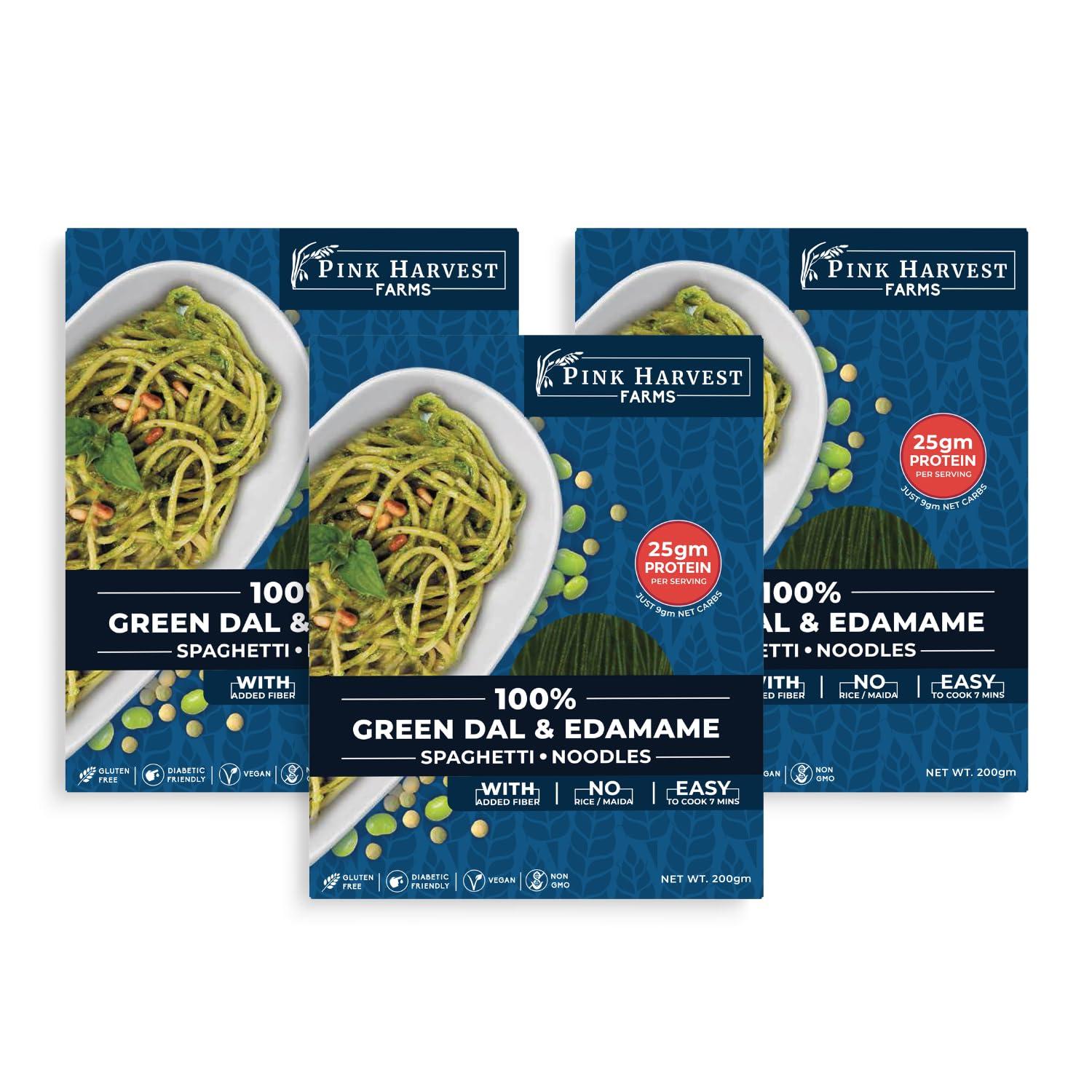 Pink Harvest Farms Pink Harvest Farms Green Dal & Edamame Spaghetti Noodles | No Rice - No Maida | Vegan | Gluten Free | High Protein | 3 x 200gm Pack