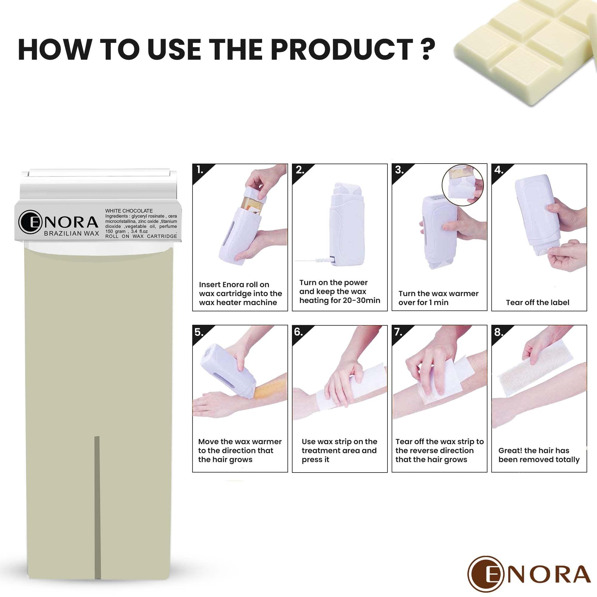 ENORA ENORA Roll On Wax, Hair Removal Soft Wax Cartridge, Depilatory Wax Roller Refill For Legs And Arms, Home Self Waxing And Saloon (150 G (Pack Of 2), White Chocolate), Women