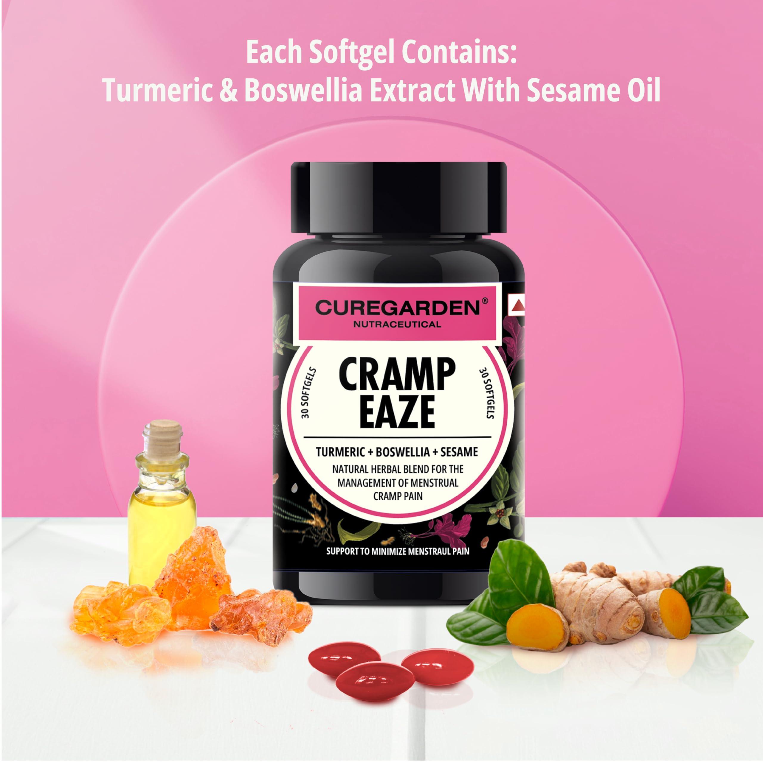 Curegarden Curegarden Cramp Eaze, Menstrual Pain Reliever, Herbal Period Pain Relief Pills, Blend of Curcumin, Boswellia and Sesame, 500 mg, 30 Softgel