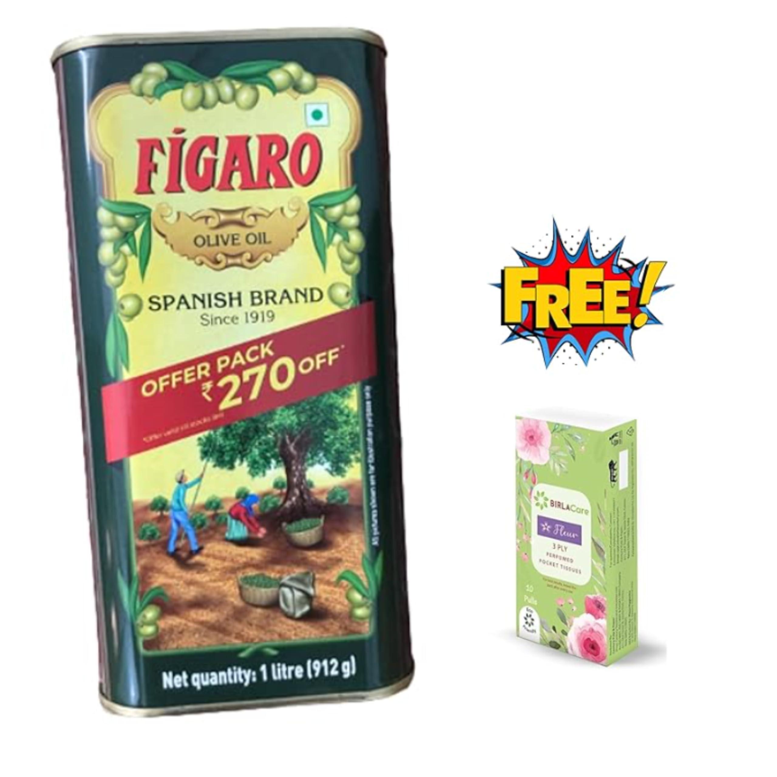 Figaro Figaro Olive Oil- Pure Olive Oil-1L Tin-Daily Cooking Oil-Offer Pack with 270 Off | Free Pocket Tissue Packet