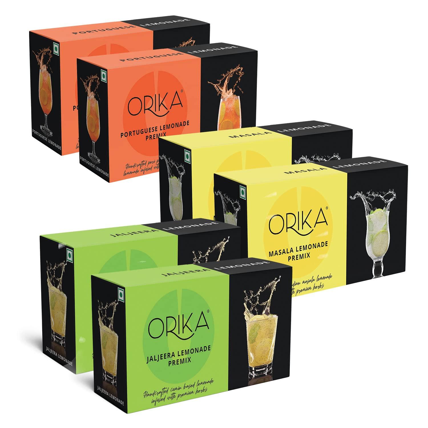 Orika Orika Jaljeera, Masala & Portuguese Lemonade Variety Pack | 60 Sachets (20 Sachets Each Flavour) 1.14kg | Infused with Premium Herbs | Handcrafted Instant Drink Premix | Refreshing Summer Drink