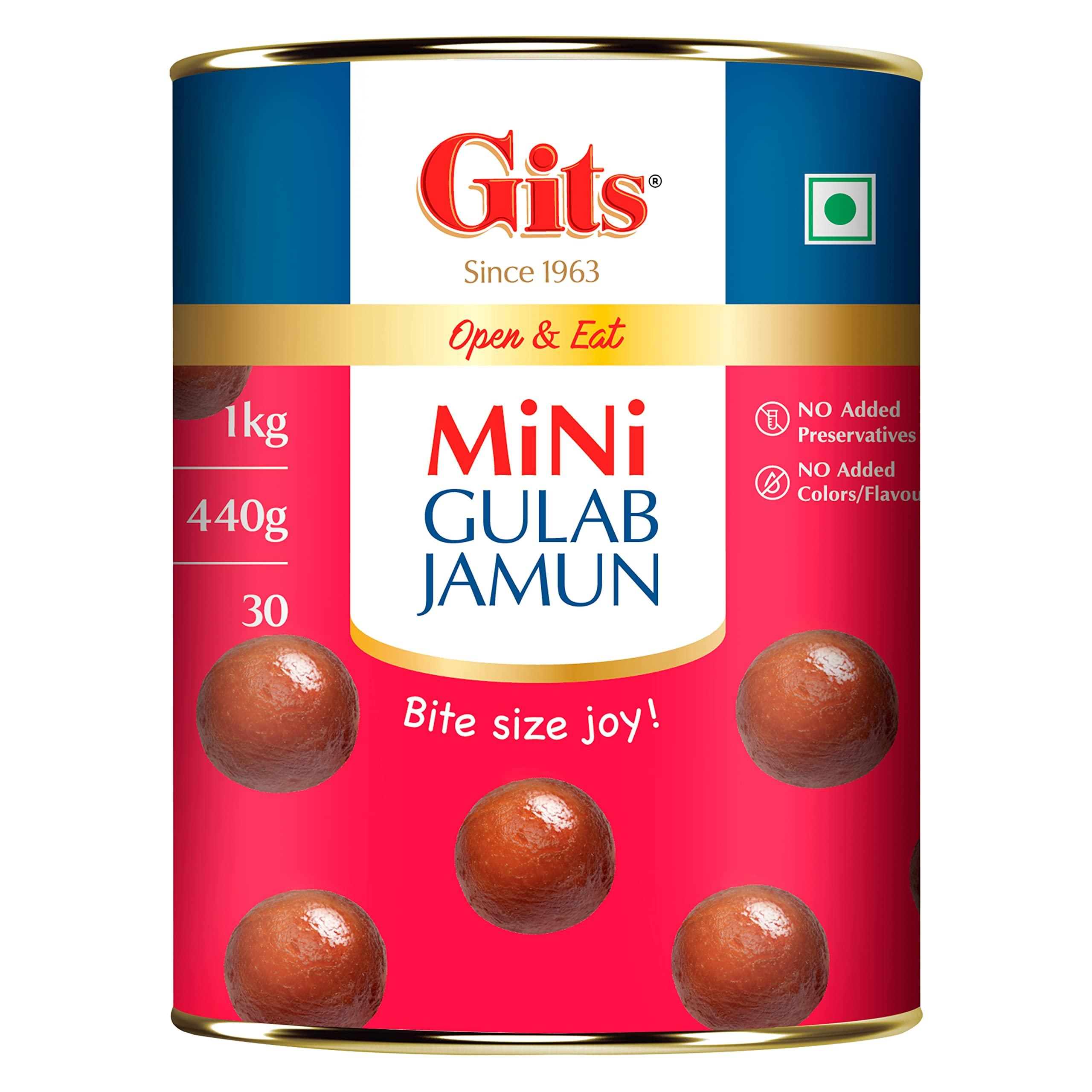 Gits Gits MiNi Gulab Jamun + MiNi Rasgulla | 2Kg (1Kg MiNi Gulab Jamun Tin + 1Kg MiNi Rasgulla Tin) | Open & Eat | 30 Pieces Per Can | Mouth-Watering Indian Mithai | Festive combo