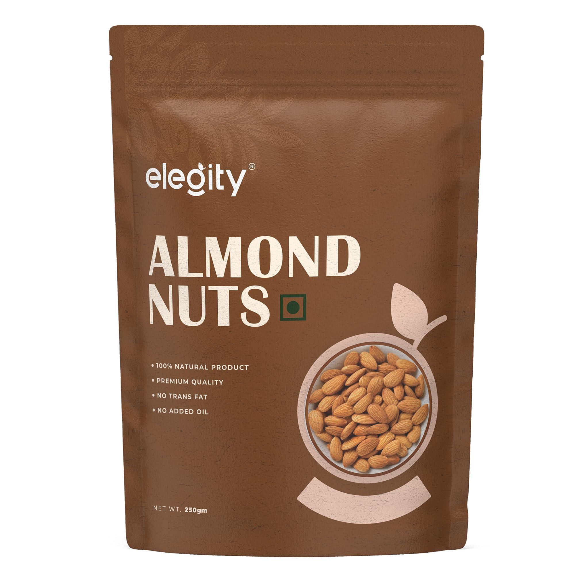 ELEGITY Elegity 100% Natural Plain California Almonds Pouch 250 gm | Nutritious & Delicious Badam | High in Fiber & Boost Immunity | Rich in Protein, Tasty Nuts | No Preservatives Added in Dry Fruit