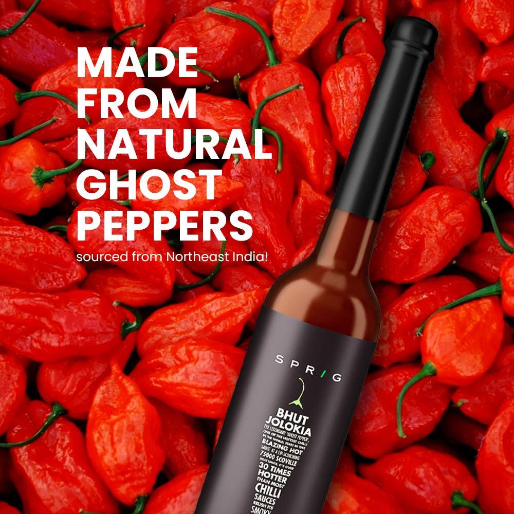 S P R I G Sprig Bhut Jolokia Sauce | Made with Worlds hottest Ghost Peppers | 75,000 SHU | Use as condiment, marinade or dip | Vegan | For veg and non-veg cuisine | Use with Pizza, Chicken Wings, Salads & Snacks | 120 gms