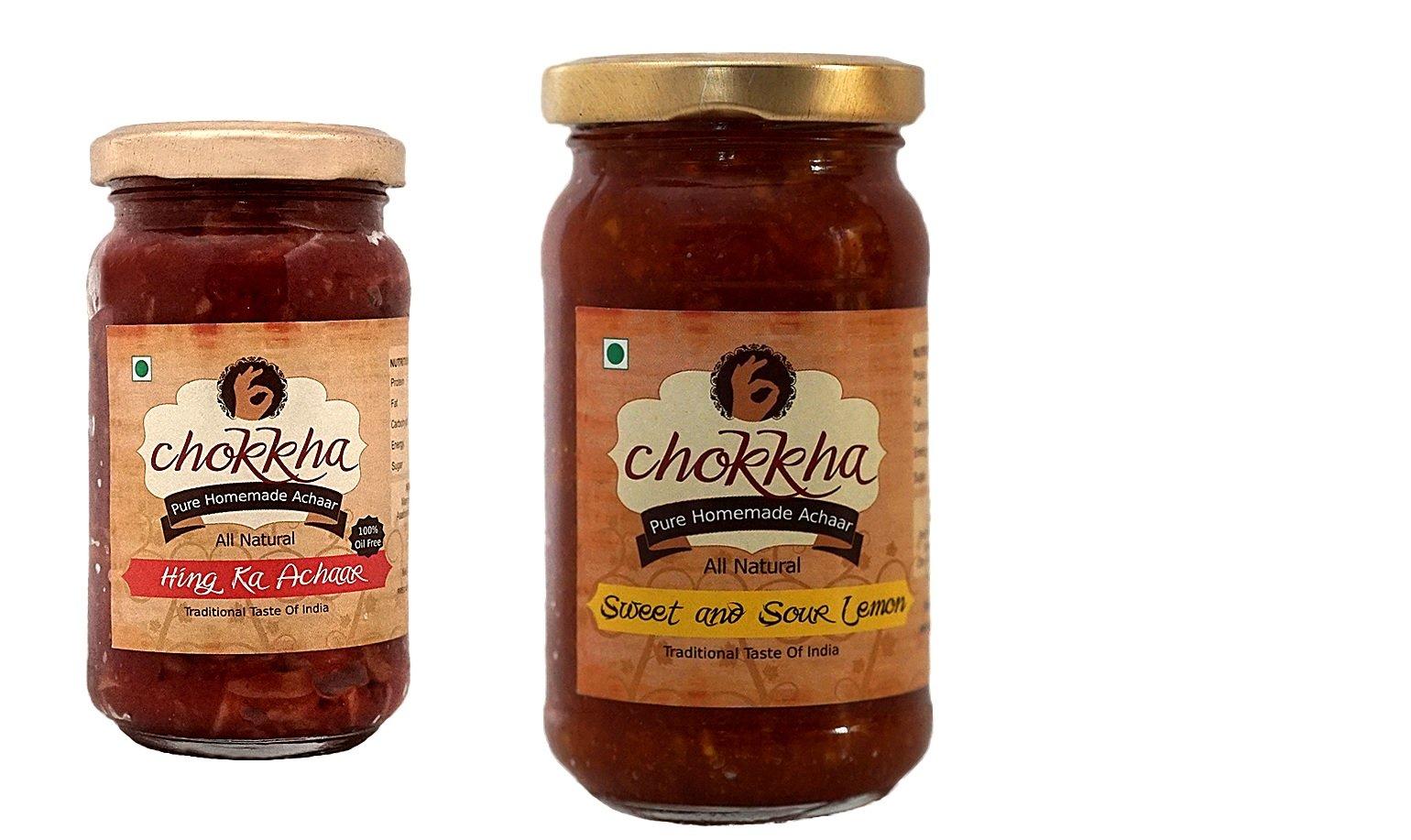 Chokkha Chookha Traditional Homemeade Hing Mango & Sweet & Sour Lemon Pickle (Hing Aam Khatta Metha Nimbu) | No colour Added | Vegan | 100% Oil-Free | Combo of 2 | 200 Gm Each