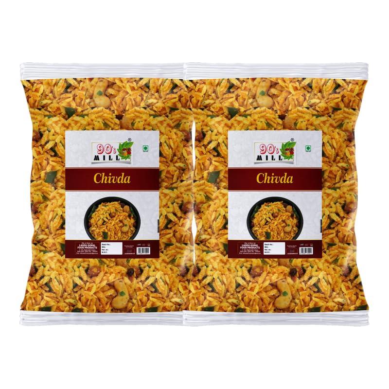 90\'s MILL 90\'s MILL Authentic Marathi Organic Chivda Namkeen | Badam Kaju Kishmish Peanut Chiwda | Chevda | Organic Namkeen | Healthy Indian Snacks | Crispy & Fresh Snack | No Preservatives-1Kg*2Pack