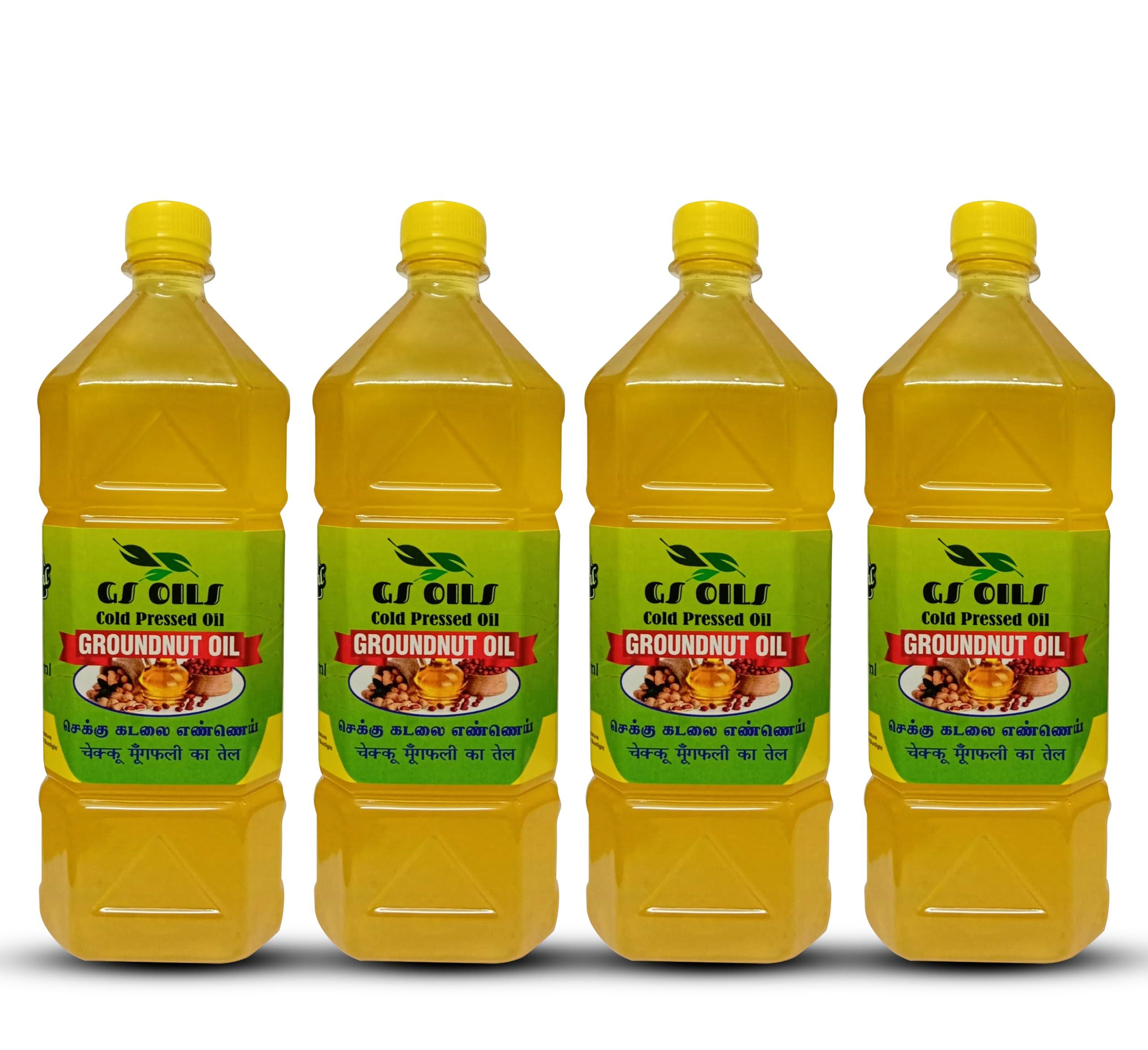 GS OILS GS OILS Cold Pressed Peanut Oil for Cooking/Mara Chekku Groundnut Oil/Wood Pressed Peanut Oil/Kadalai Ennai - 4000 ml (4 Litres)