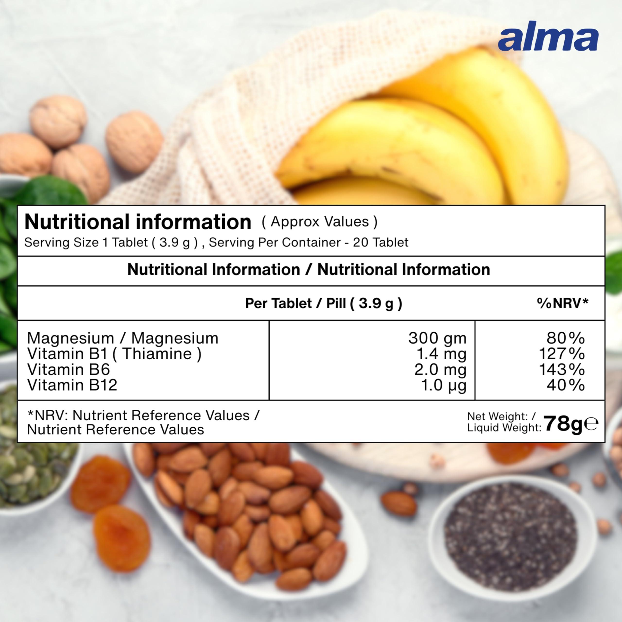 ALMA Alma Magnesium Effervescent Tablets with Vitamin B1, B6, B12 - Spanish Excellence for Optimal Health