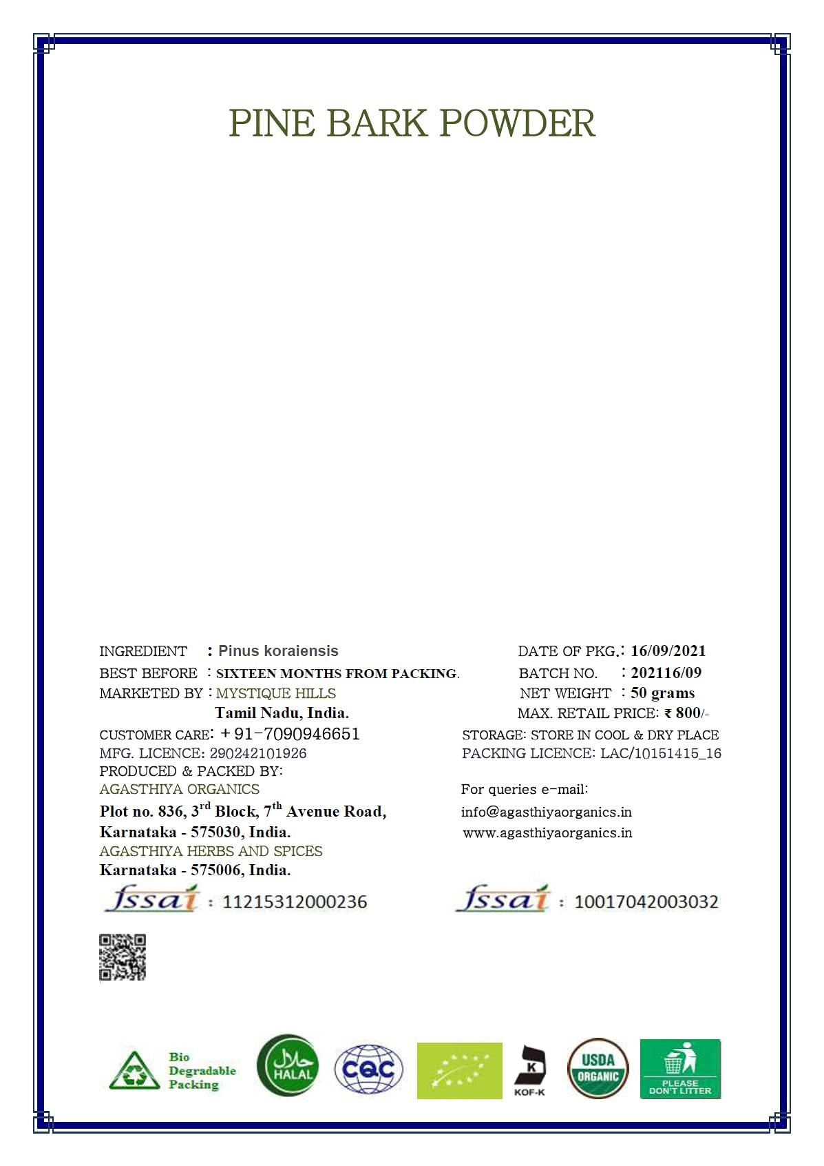 Mystique Hills - Organic Living Mystique Hills Organic Pine Bark Powder,100 g