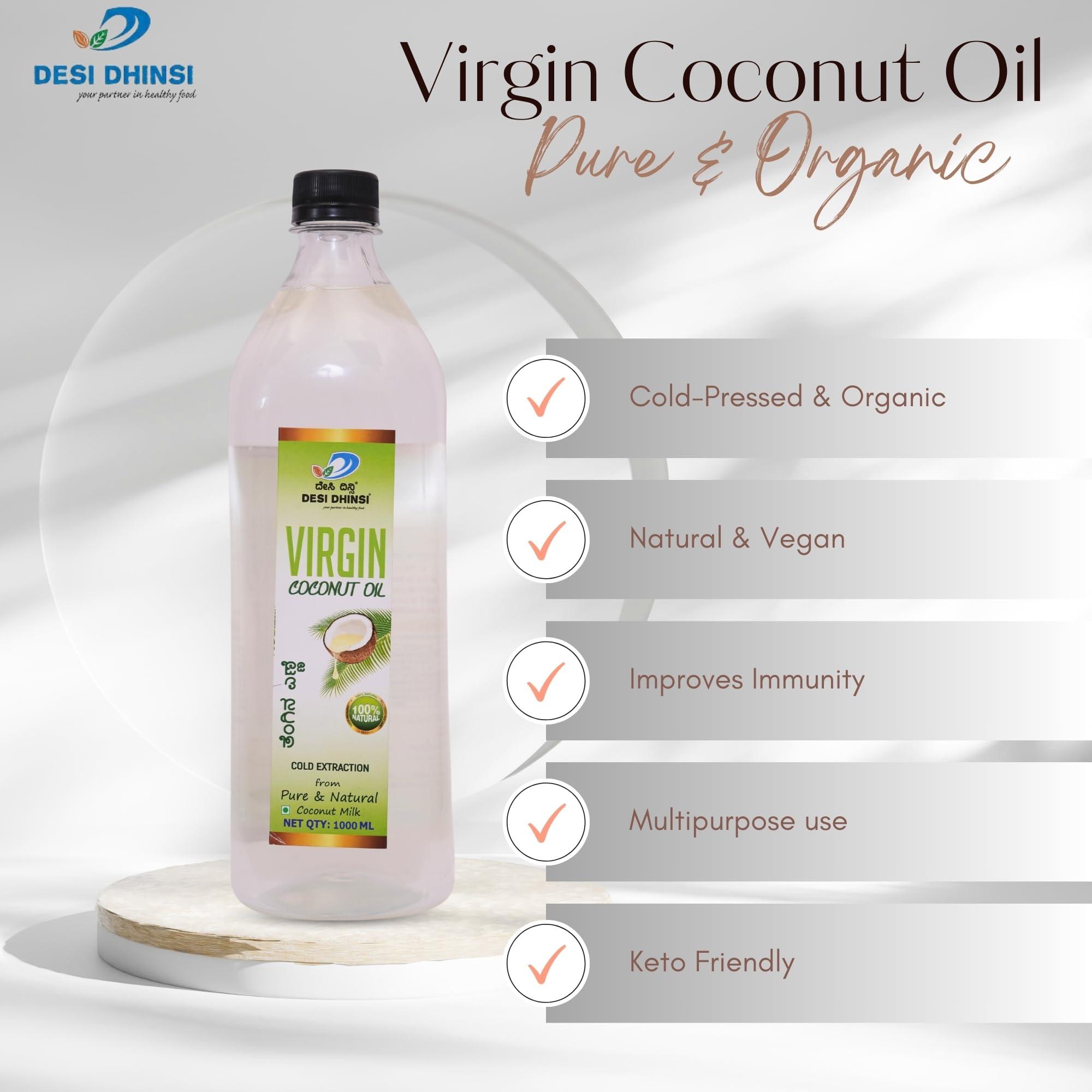 DESI DHINSI DESI DHINSI Pure Cold Pressed Virgin Coconut Oil For Cooking, Personal Care, Hair Care, Skin Care | Natural & Edible | 1L - Pack of 1
