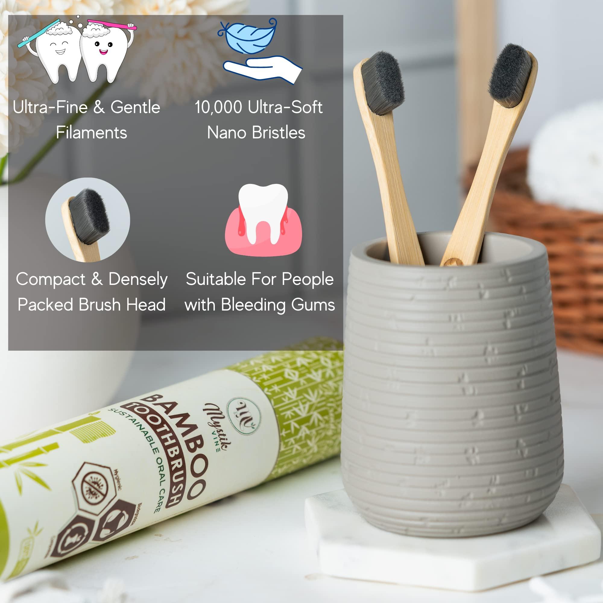 Mystik Vine Mystik Vine Bamboo Toothbrush With Ultra Soft Activated Charcoal Nano Bristles For Adults & Kids|Pack Of 2|Paper Tube Case Packaging|Bpa Free Plant Based Bristles - Manual