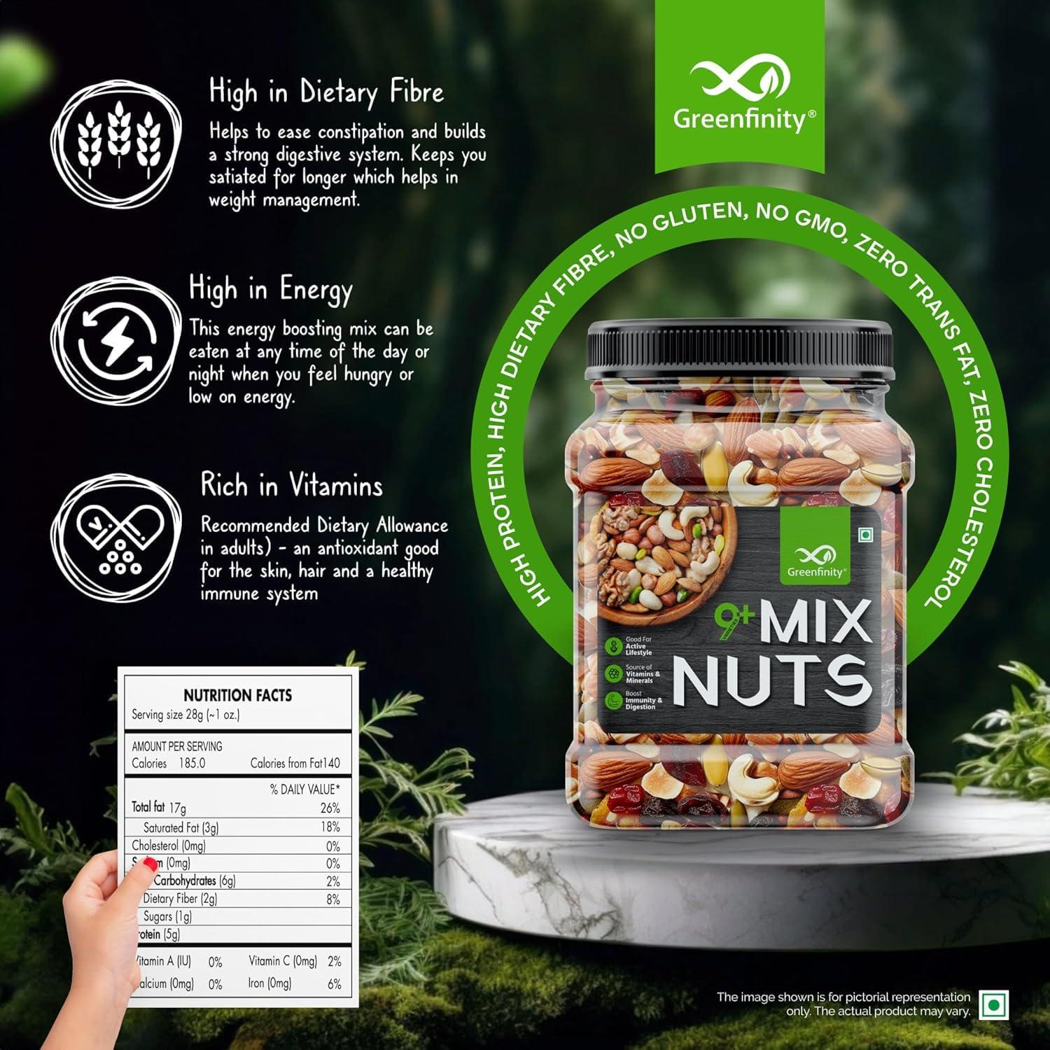 GreenFinity GreenFinity Healthy Nutmix 500g | Jar Pack | Dried Almonds, Black Raisins, Cashewnuts, Cranberries, Green Raisins, Walnut Kernels & Many More.