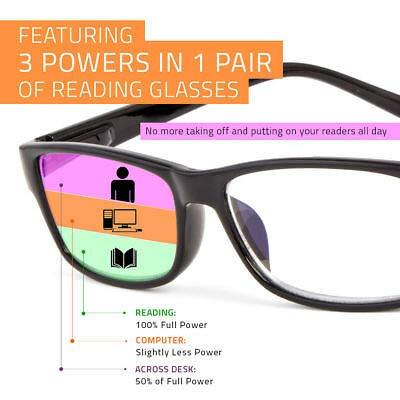 VisionsIndia VisionsIndia Anti Glare Blue Cut Invisible Bifocal Reading Glasses For Men Women Black 3 Powers in 1 (+3.00)