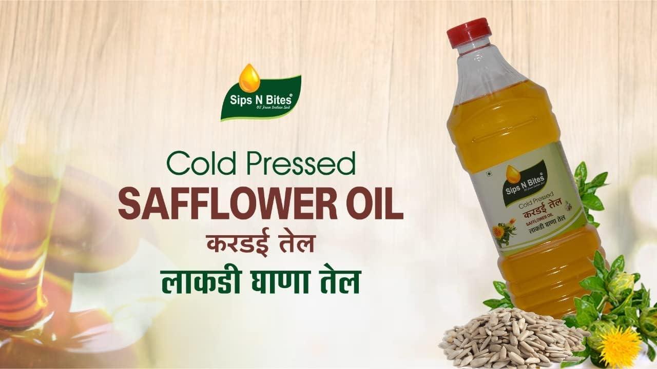 Sips N Bites Sips N Bites Cold Pressed Safflower Oil | 1 litre For Cooking | Lakdi Ghana | Kardi ka Tel | Lakdi Ghani Ka Oil | Kardai Tel Extracted On Wooden Churner 1000ml Bottle (Pack of 1)