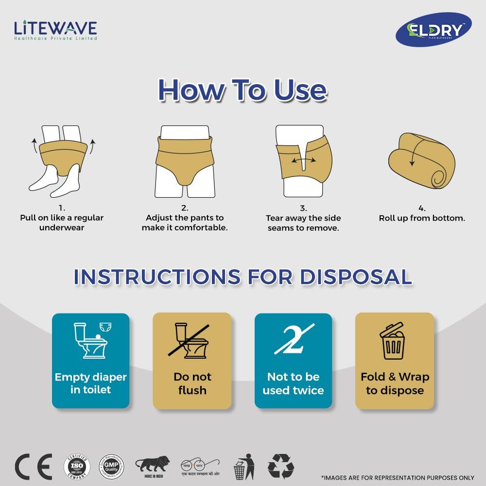 ELDRY ELDRY Unisex | Premium Soft Adult Pant Style Diapers | 10 Counts | Large (L) Size 76-132Cm (30\'\'-52\'\' Inch) | Leakproof, Wetness Indicator, 12 hrs Overnight Protection | (Pack of 1)